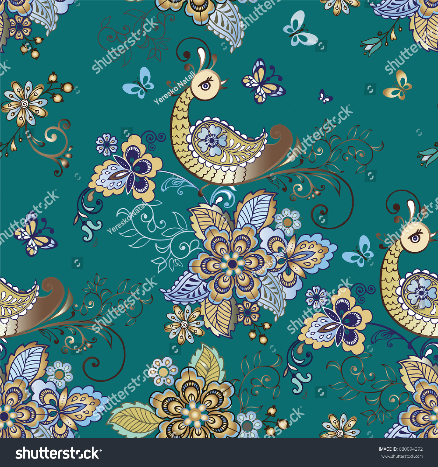 Seamless Flower Pattern Fantastic Birds Floral Wallpaper Stock Seamless flower pattern with fantastic birds Floral wallpaper Decorative ornament for fabric textile