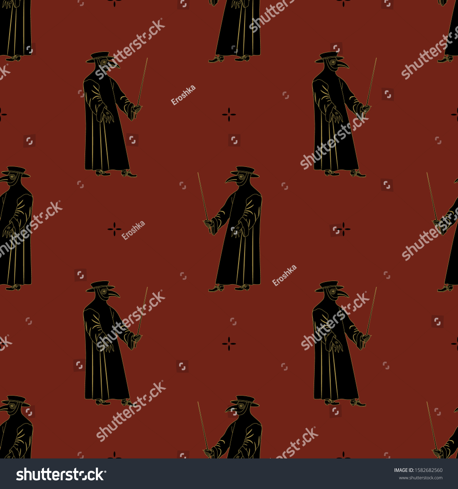 SVG of Seamless geometrical pattern with silhouettes of vintage plague doctor. Medieval spooky character with long raven's beak. svg