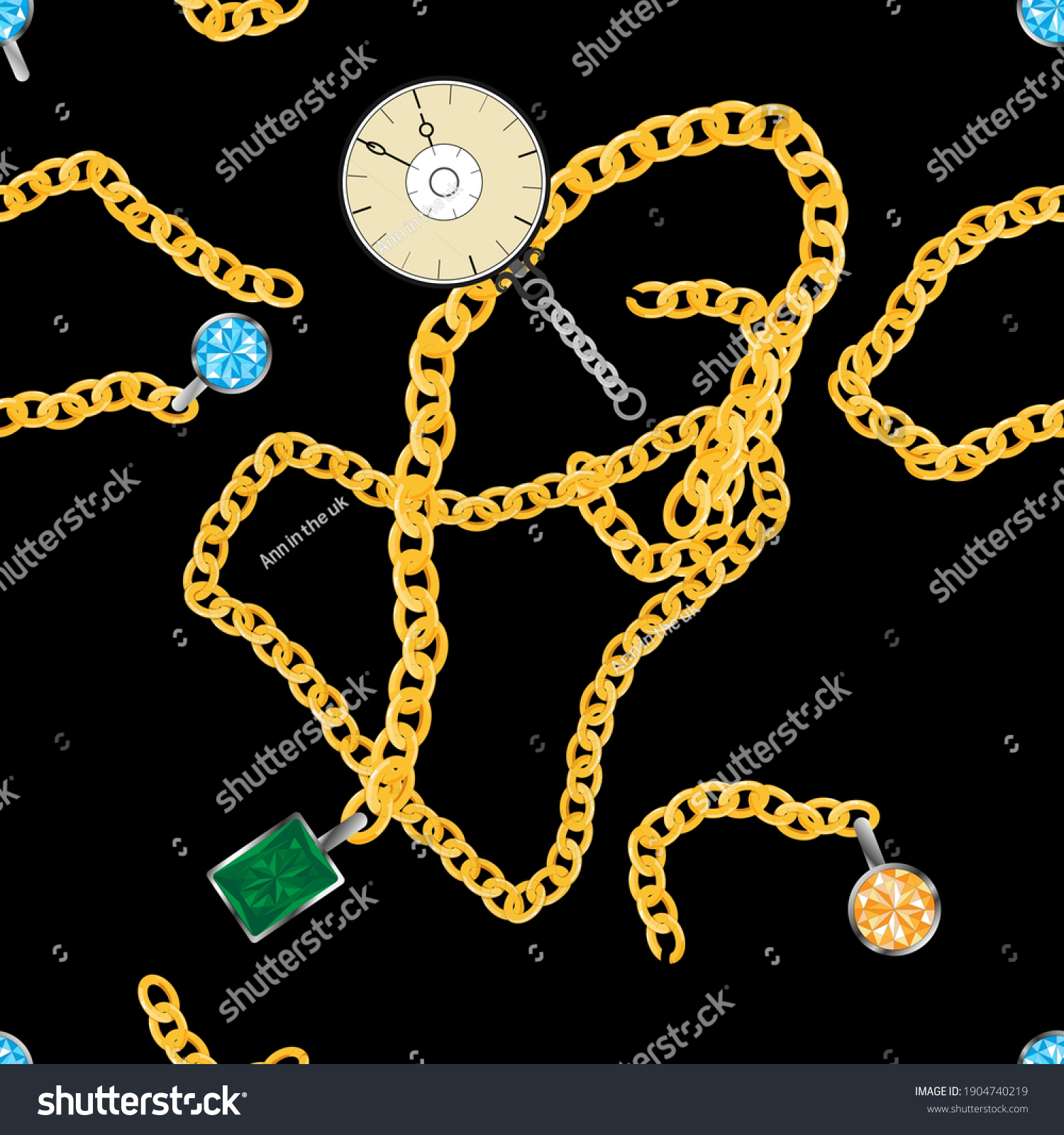 SVG of Seamless golden chain with vintage clock, gemstone, blue topaz, citrine and green sapphire on black background. Endless pattern with beautiful precious jewellery. Vintage luxury background concept svg