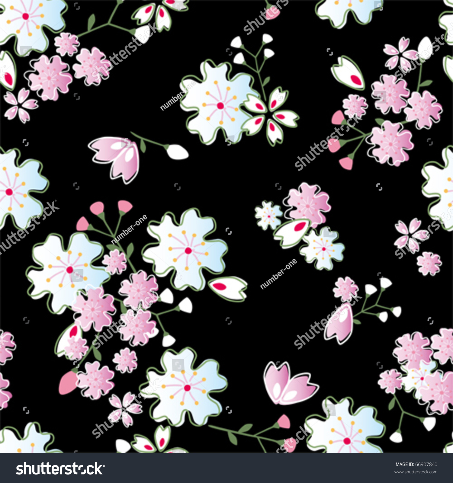 Seamless Japanese Blossoms Pattern. Illustration Vector. - 66907840 ...