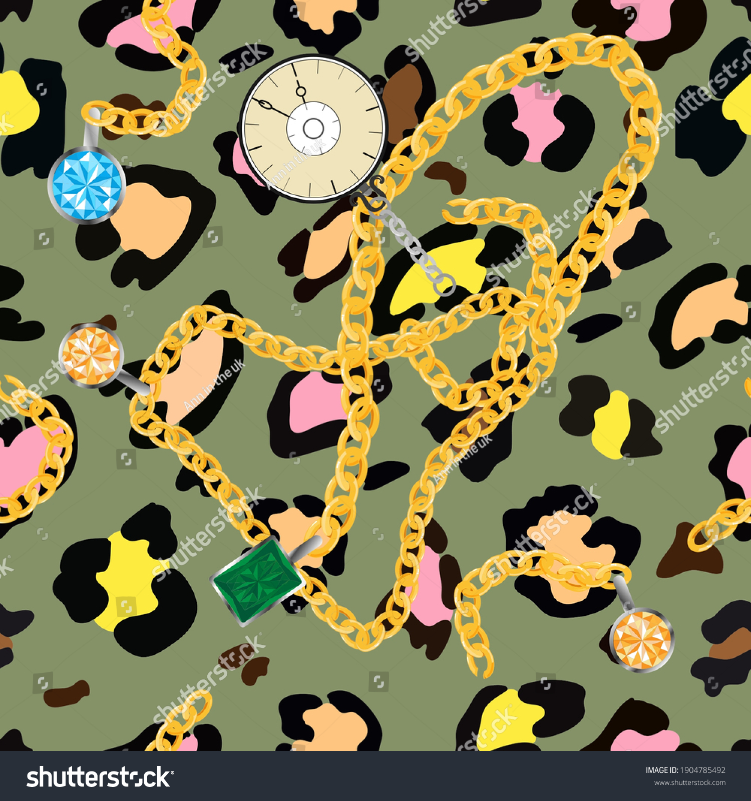 SVG of Seamless Leopard skin with gold chains with gemstone, peridot, blue topaz and vintage clock, Wild Animal print in multi colour for Vintage for textile Endless design pattern with precious jewellery svg