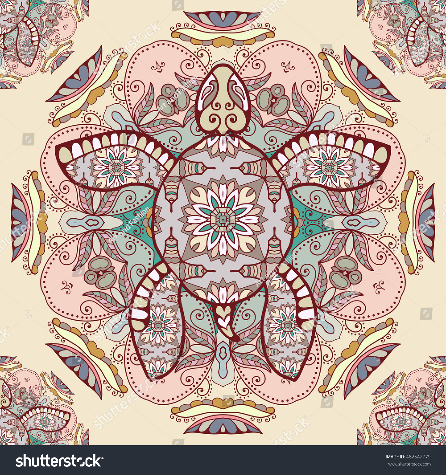 SVG of Seamless mandala pattern with decorative stylized turtle. Vector tribal totem animal illustration. Zentangle style seamless background svg