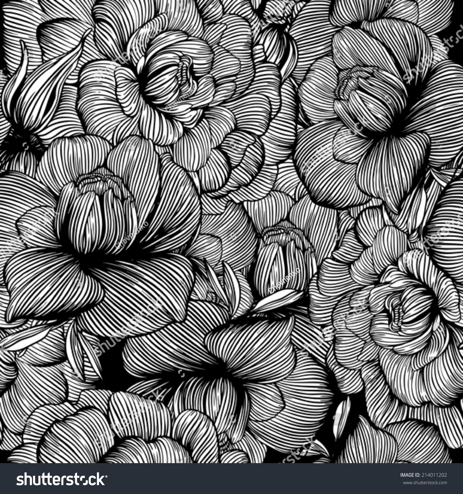 Seamless Monochrome Vector Pattern From Flowers - 214011202 : Shutterstock