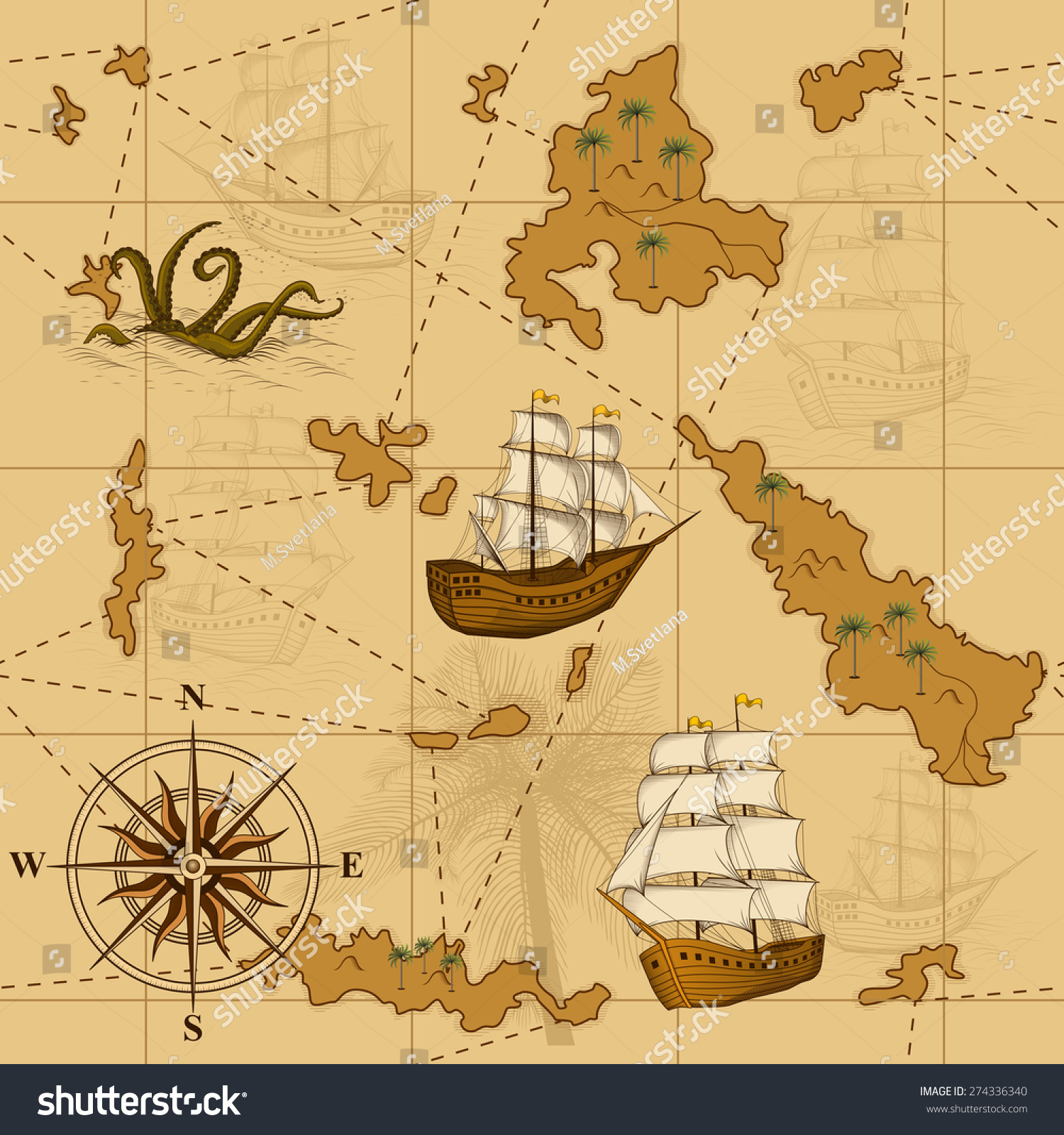 Seamless Old Map Compass Ships Yellow Stock Vector (Royalty Free) 274336340