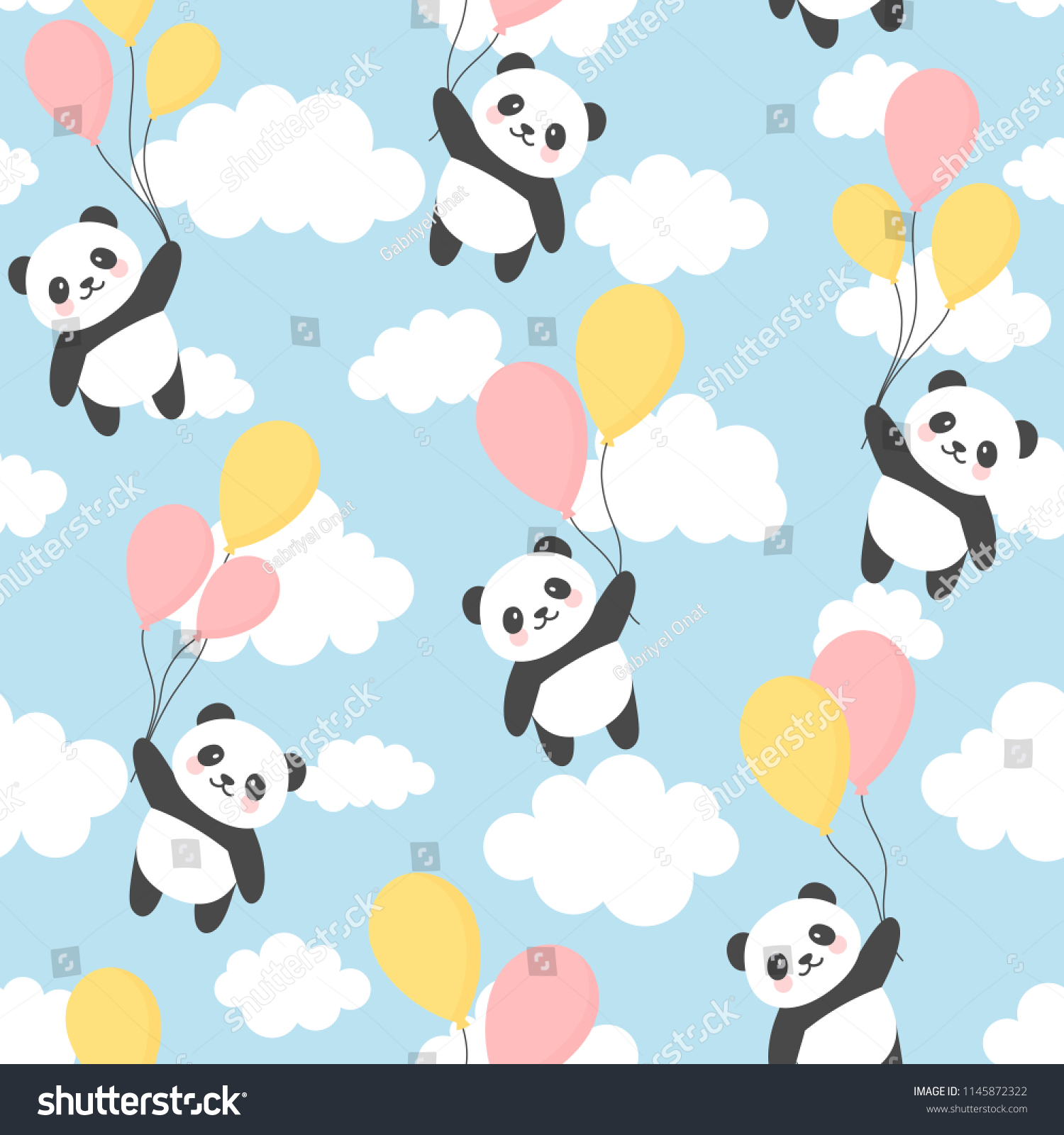 シームレスなパンダパターン背景 カラフルな風船と雲の間に空を飛ぶ幸せなかわいいパンダ 子ども用の漫画のパンダがベクターイラスト のベクター画像素材 ロイヤリティフリー