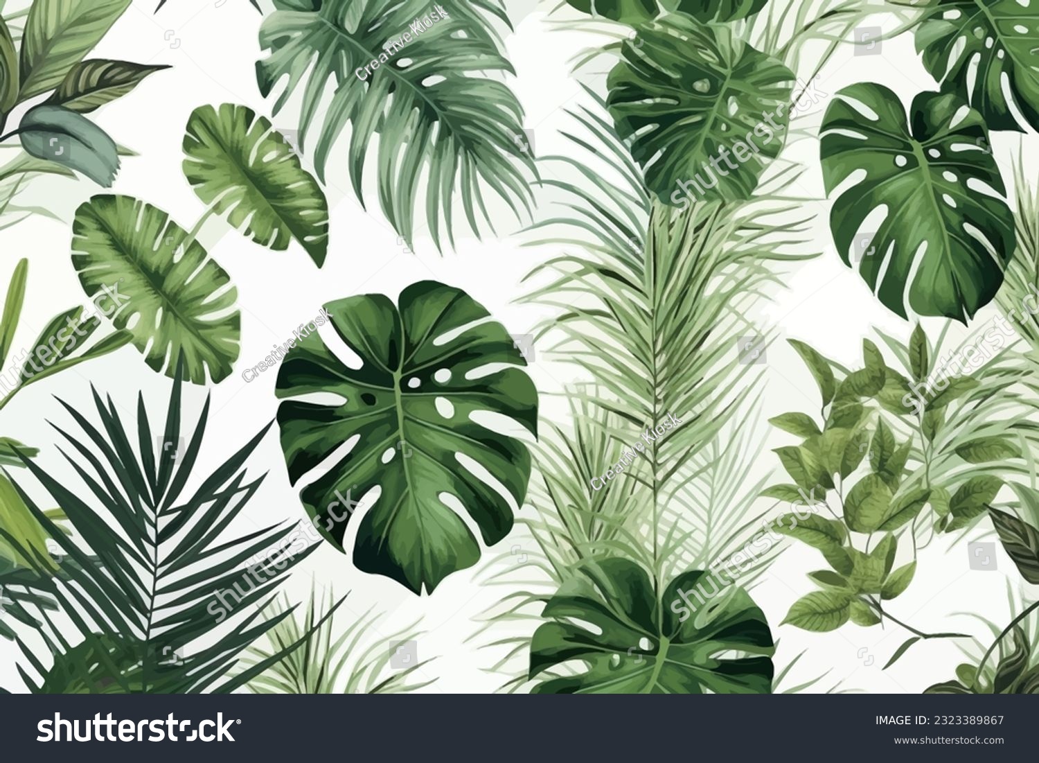 SVG of Seamless pattern, abstract art. Watercolor painting, children's wallpaper. Hand drawn plants. Palms, rainforest, leaves, flowers. modern Art. Prints, wallpapers, posters, cards, murals svg