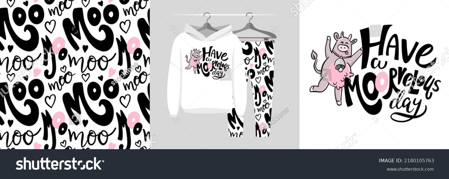 SVG of Seamless pattern and illustration set with cow and quote Have a MooRvelous Day. Baby design pajamas, background for apparel, room decor, tee print, baby shower party invitation, fabric, wrapping svg