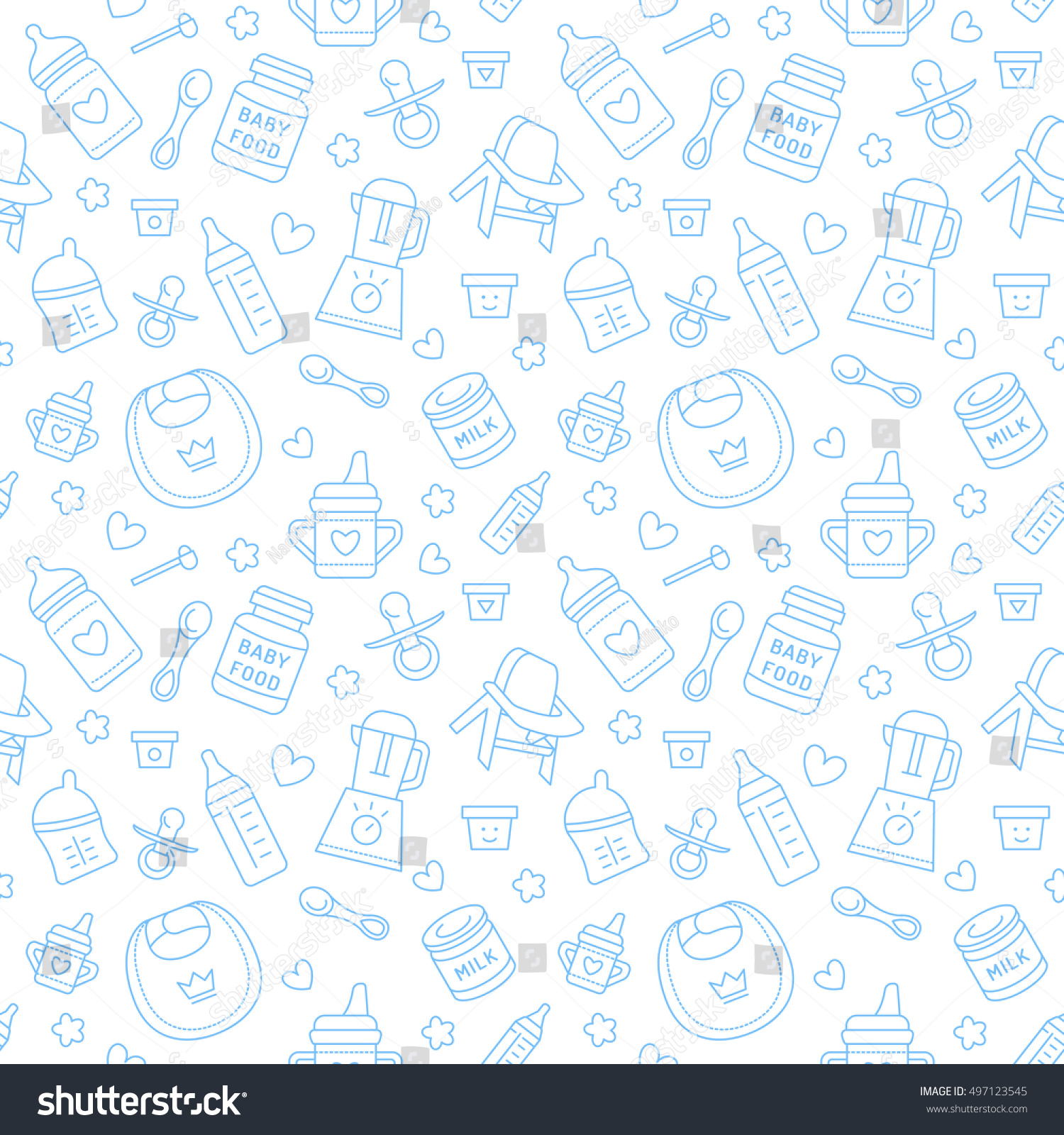 SVG of Seamless pattern baby food, pastel color, vector illustration. Infant feeding thin line icons. Cute repeated blue texture for packaging, fabric. Birthday invitation design svg