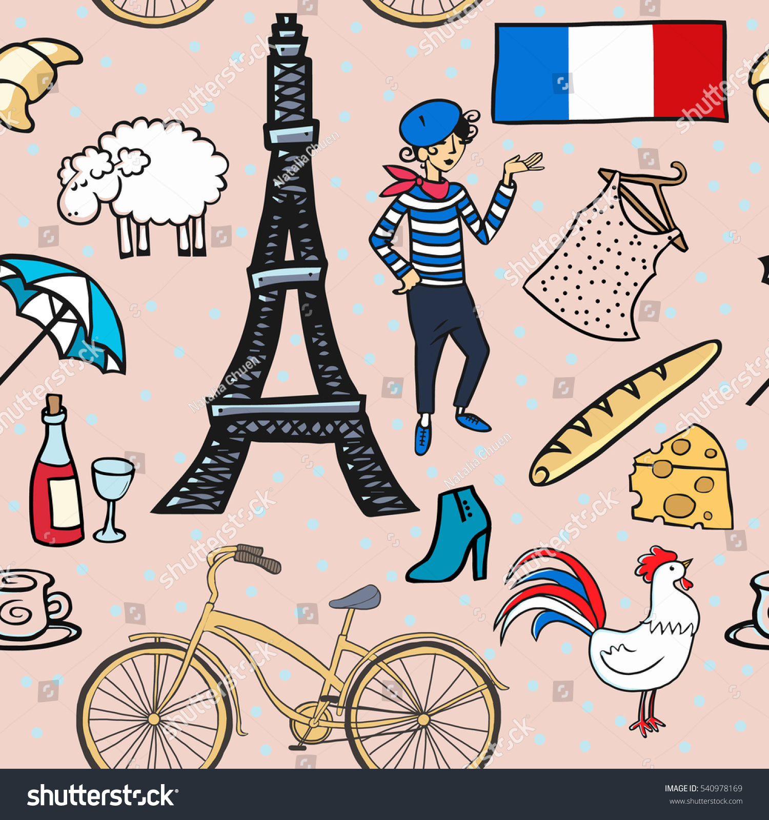 Seamless Pattern Background France Symbols Elements Stock Vector Royalty Free