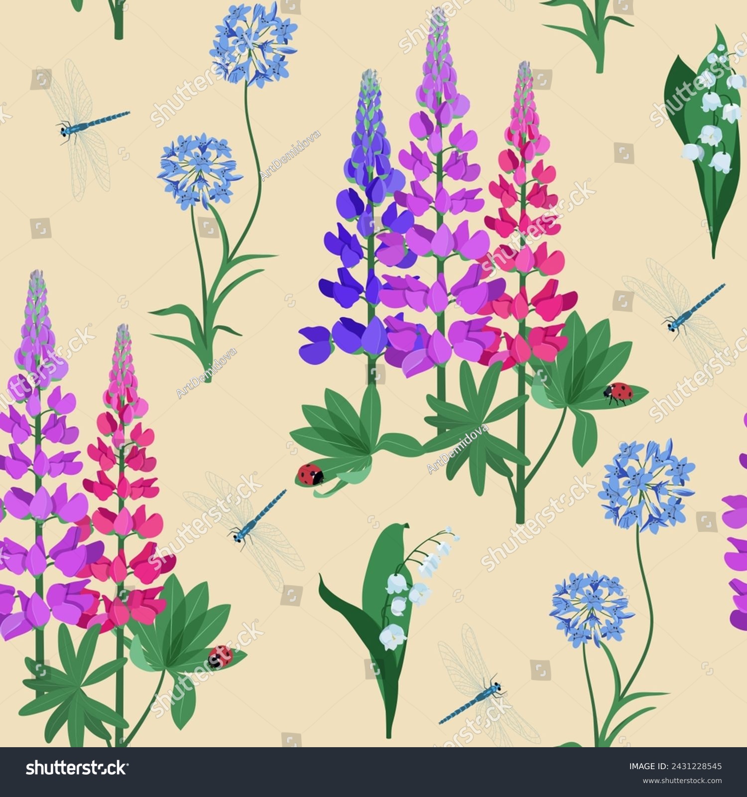 SVG of Seamless pattern. Blue agapanthus flower pattern, lupines, ladybirds and dragonflies on a beige background. This pattern can be used for printing on textiles, wallpaper and other surfaces. svg