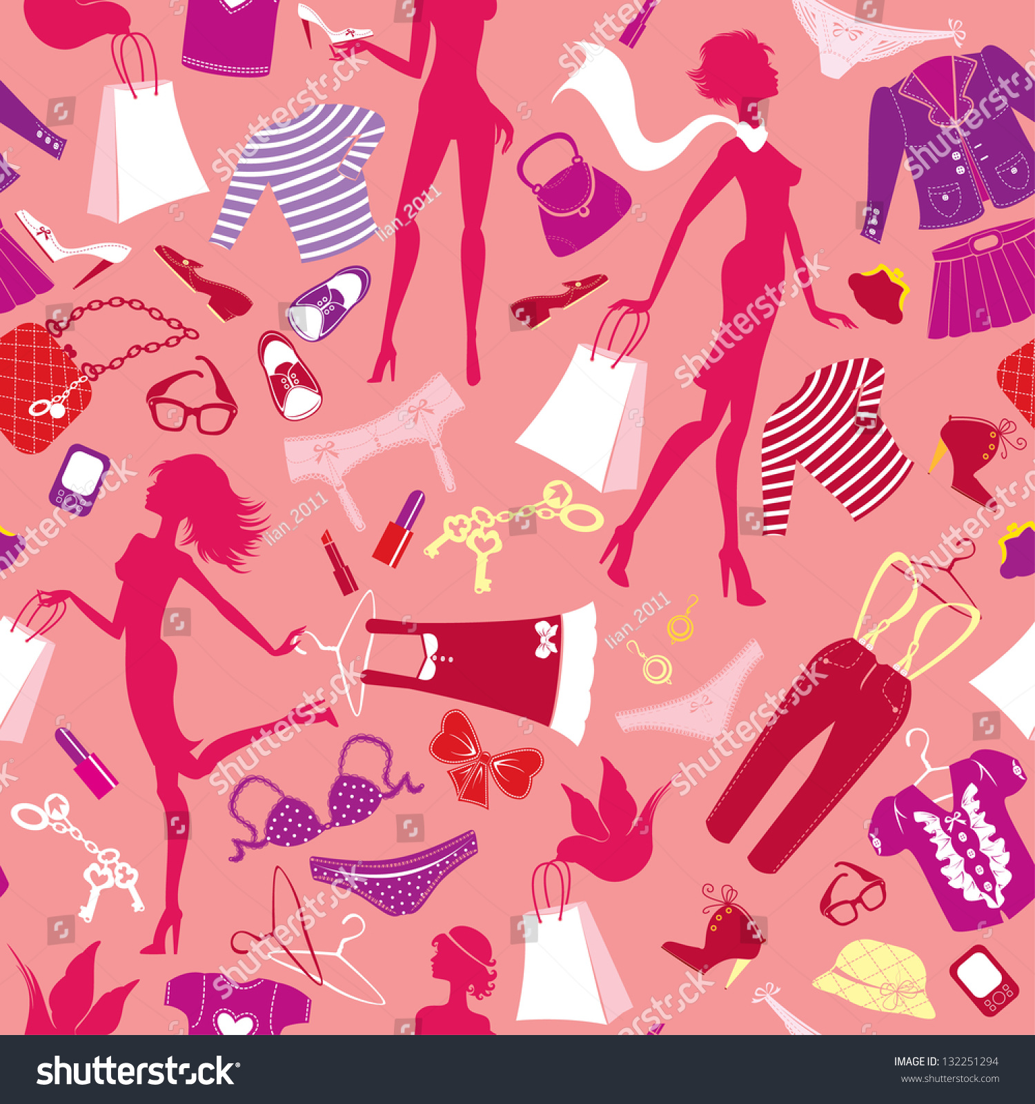 Seamless Pattern In Pink Colors - Silhouettes Of Fashionable Girls With ...