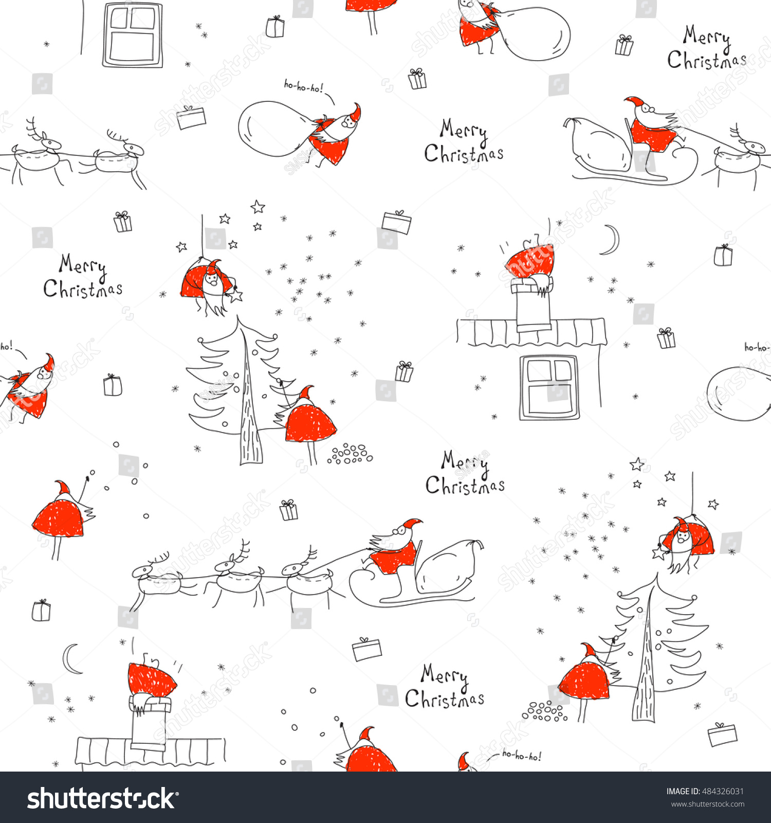 Seamless pattern Merry Christmas Santa Claus sleigh reindeer Christmas tree house