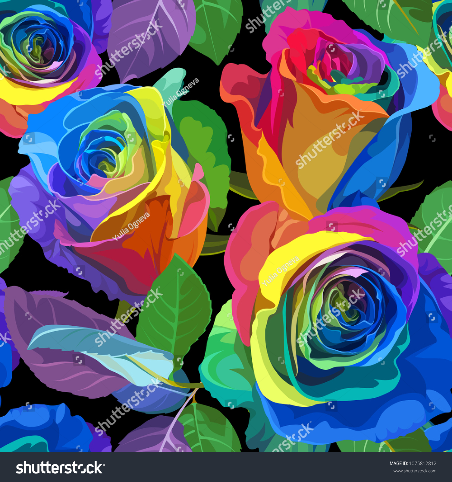 Seamless Pattern - Multicolored Roses on Black Background.