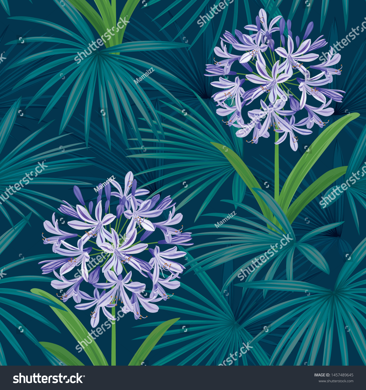 SVG of Seamless pattern of Agapanthus or African lily flowers with palm leaf background template. Vector set of blooming floral for holiday invitations, greeting card and fashion design. svg