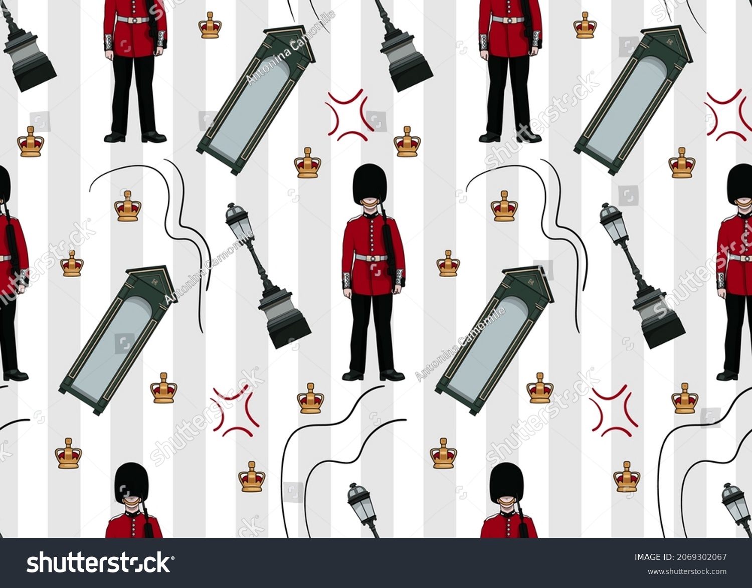 SVG of Seamless pattern of British Royal Guardsman at Palace in London in a box. svg