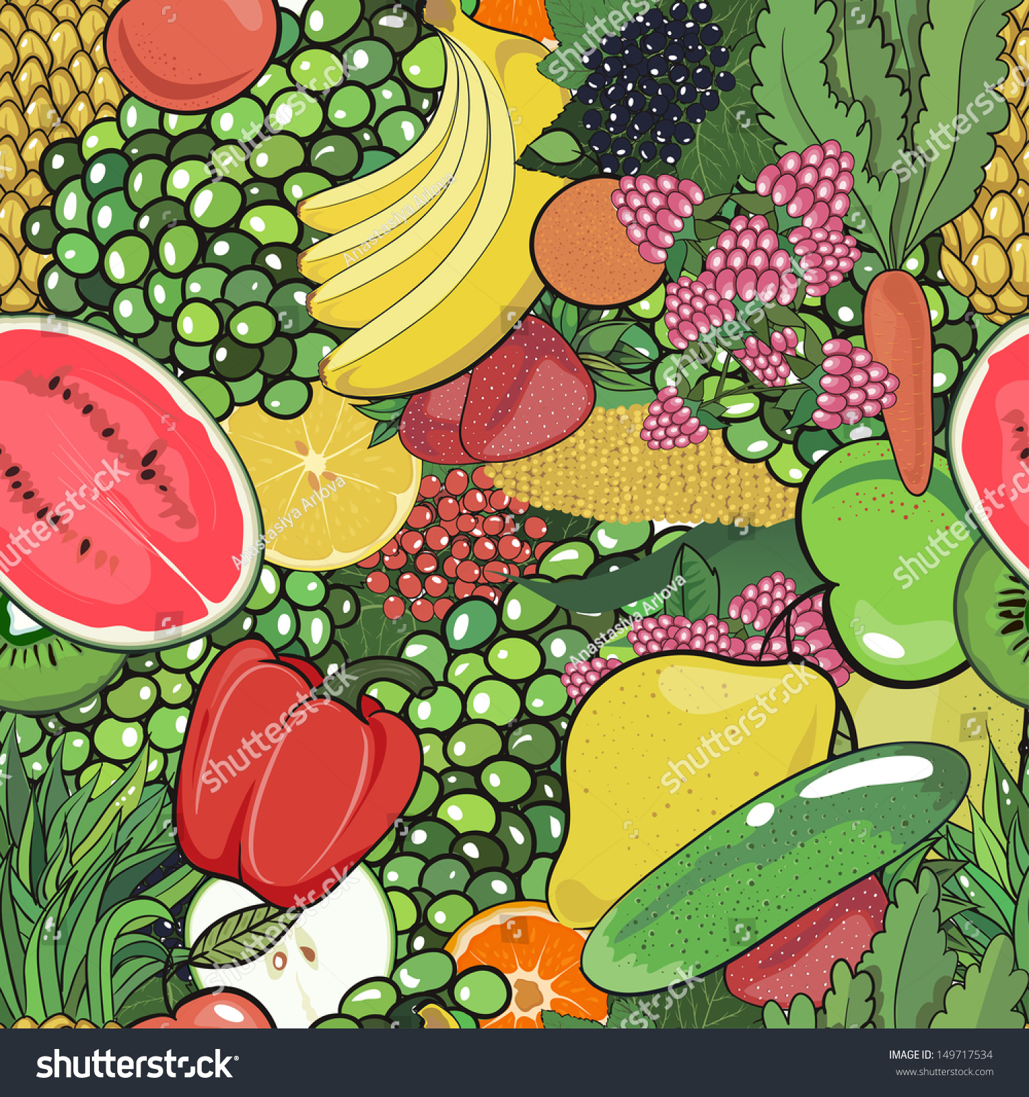 Seamless Pattern Fruits Vegetables Berries Bright Stock Vector