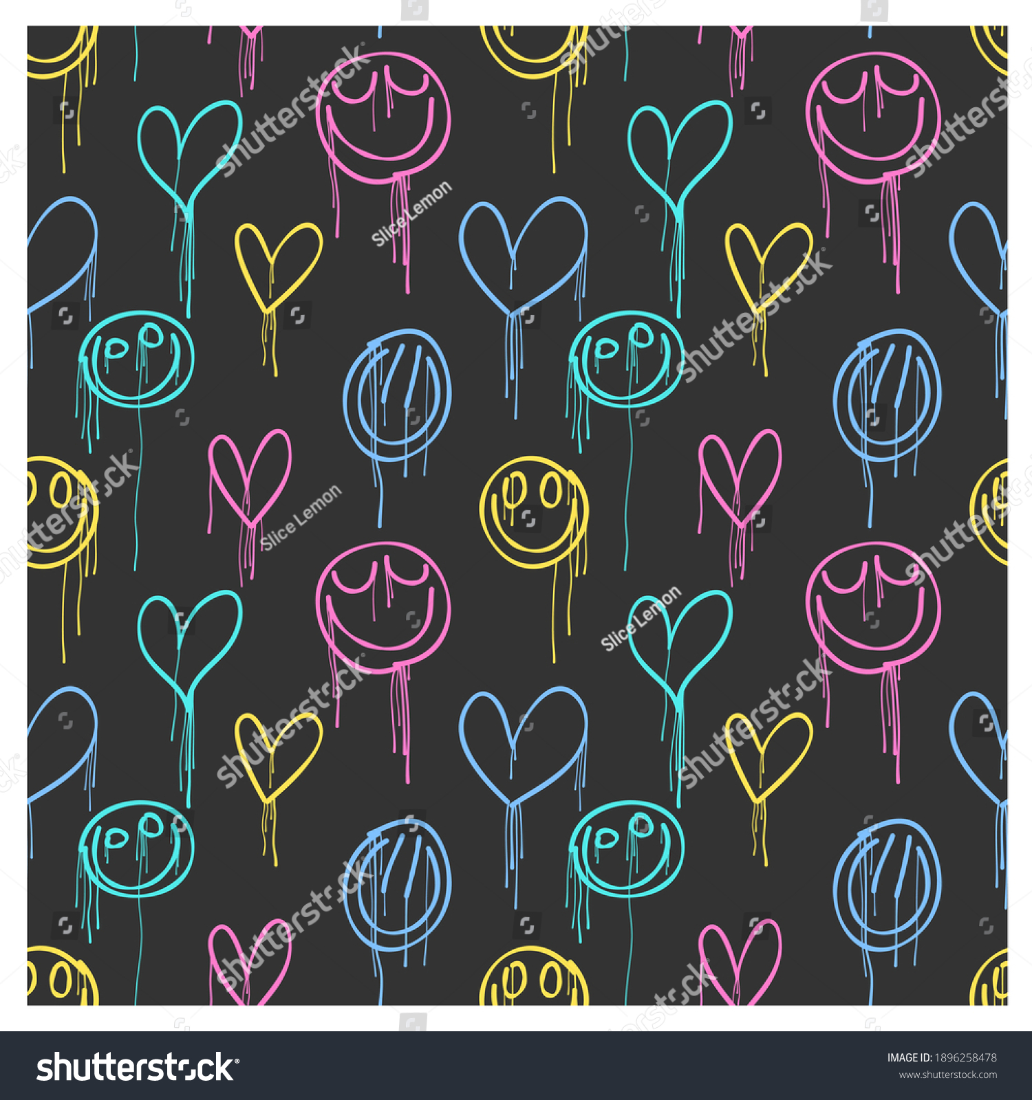 SVG of Seamless pattern of graffiti hearts and smiles with smudges. Image for a poster or cover. Vector illustration. Repeating texture. Figure for textiles. svg