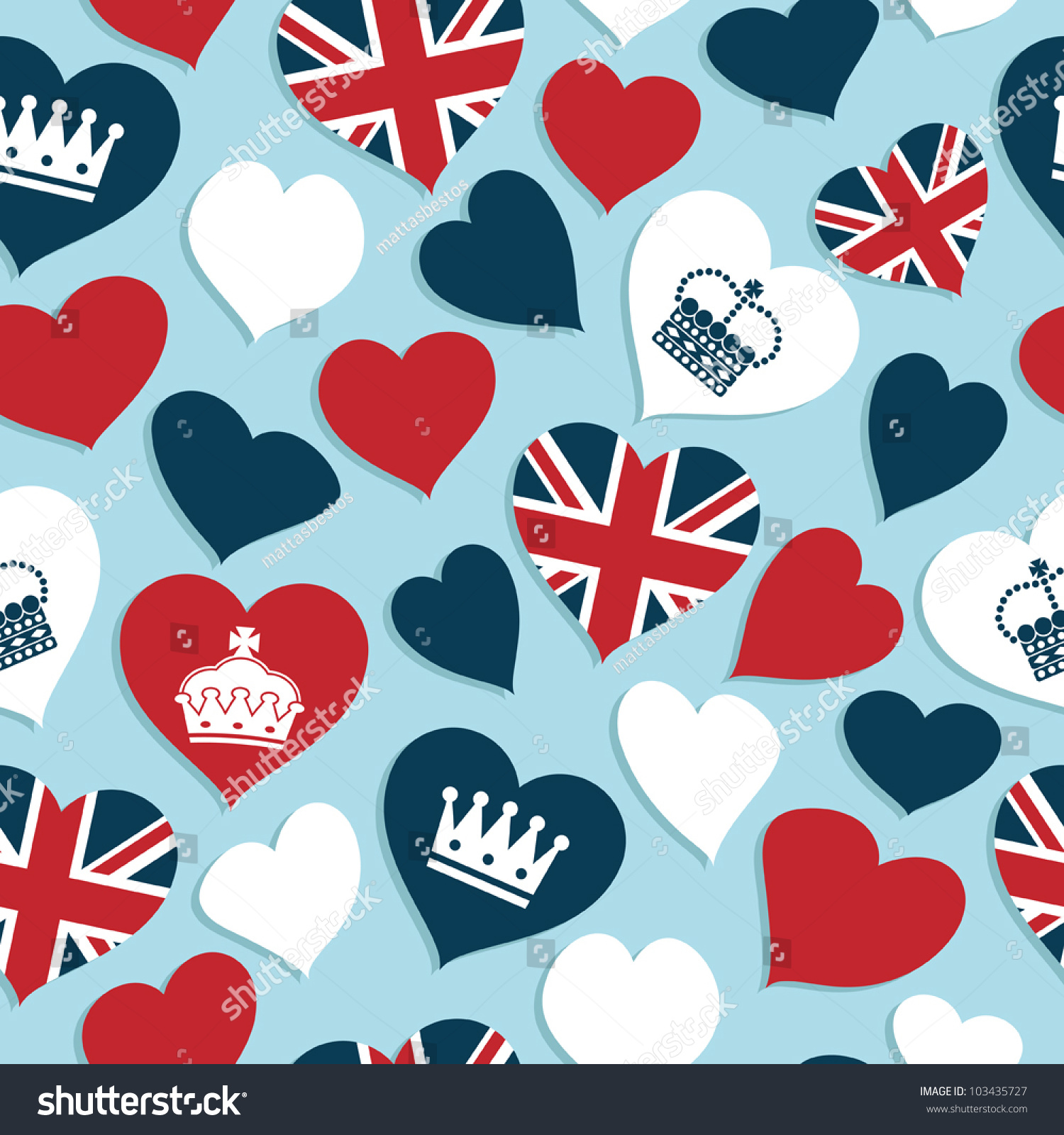 SVG of seamless pattern of red, white and blue union jack and crown hearts, with clipping path svg