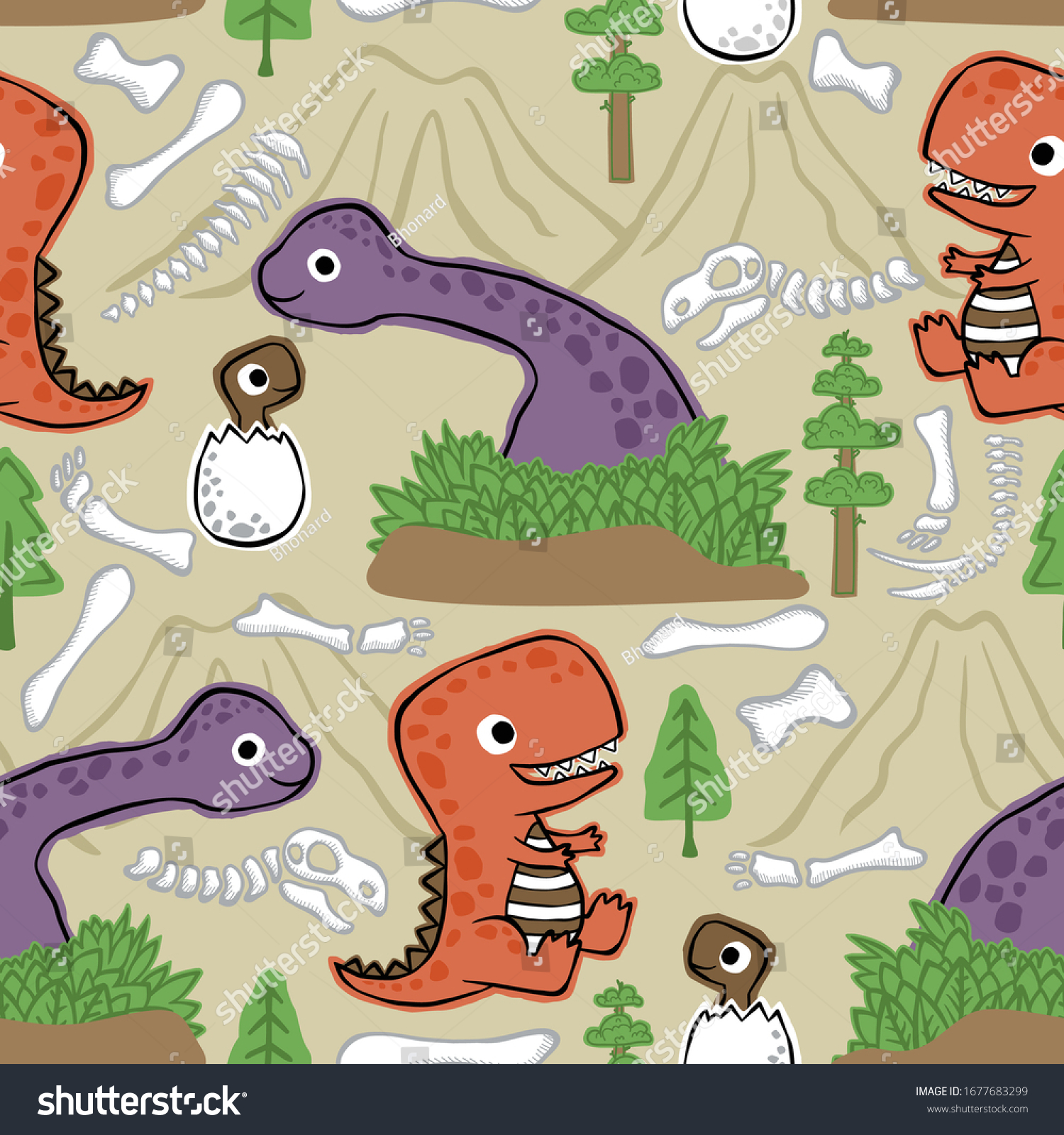 Seamless Pattern Vector Cute Dinosaurs Cartoon Stock Vector Royalty Free 1677683299