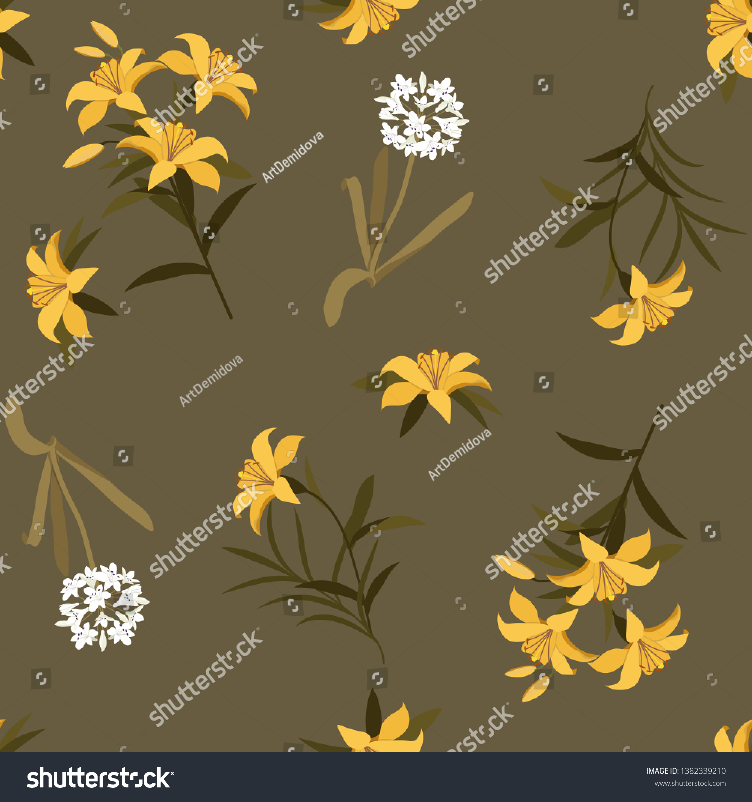 SVG of Seamless pattern. White agapanthus flower pattern and lily on a brown background. This pattern can be used for printing on textiles, wallpaper and other surfaces. svg