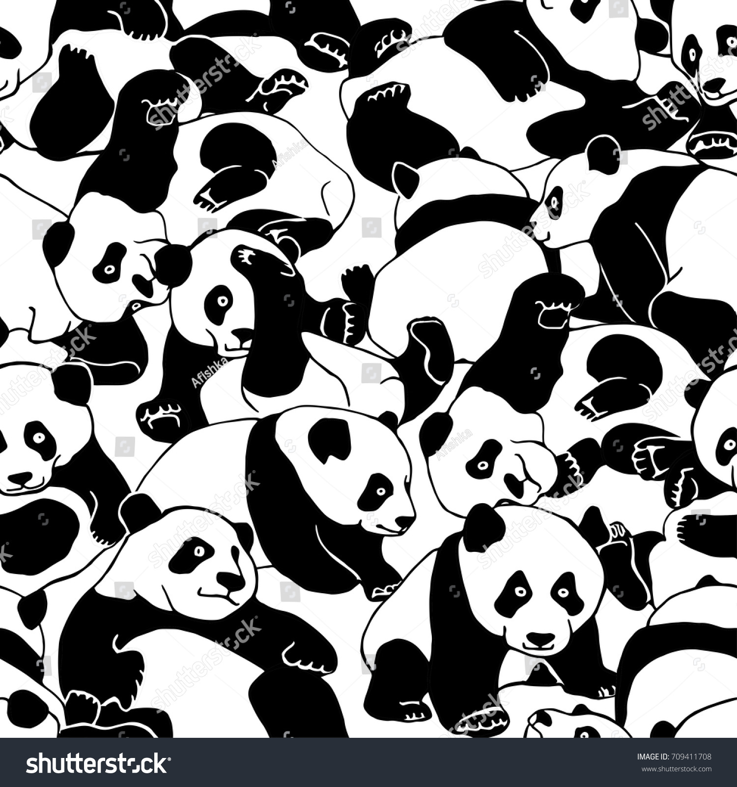 SVG of Seamless pattern with a cartoon young pandas very close to each other. Vector black and white illustration. svg