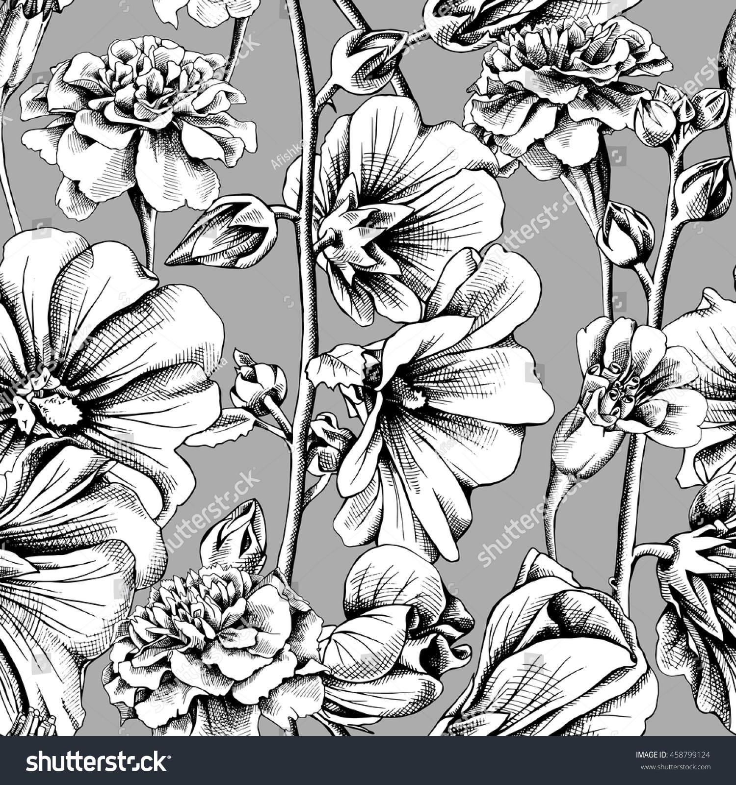 マリゴールドとマローの花を使ったシームレスな模様 白黒のベクター画像イラスト のベクター画像素材 ロイヤリティフリー