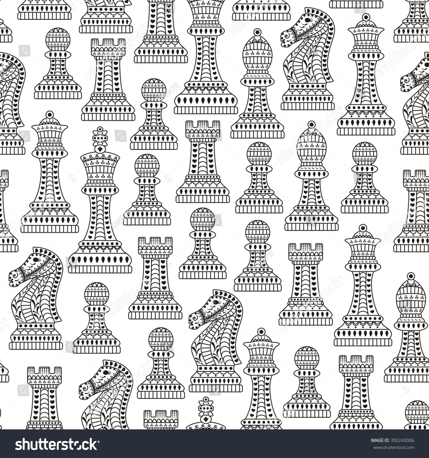 SVG of Seamless pattern with all chess pieces. Black and white. Beautiful lace ornament in Indian style. Vector illustration. svg
