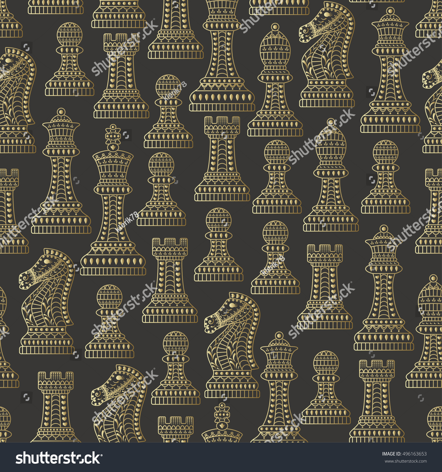 SVG of Seamless pattern with all chess pieces. Golden and black. Beautiful lace ornament in Indian style. Vector illustration. svg