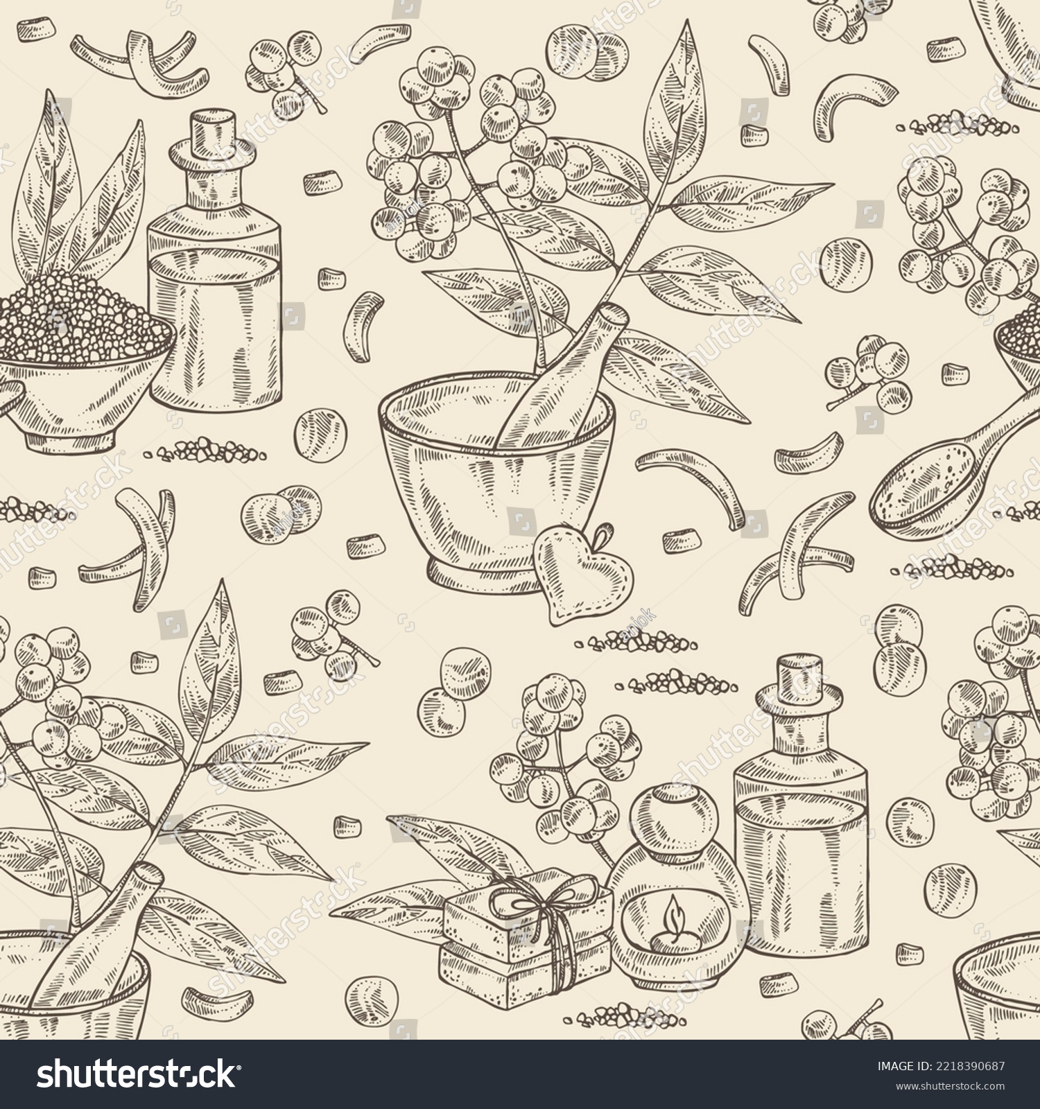 SVG of Seamless pattern with amur cork tree: amur cork berries, plant and amur cork tree bark. Phellodendron amurense. Oil, soap and bath salt . Cosmetics and medical plant. Vector hand drawn  svg