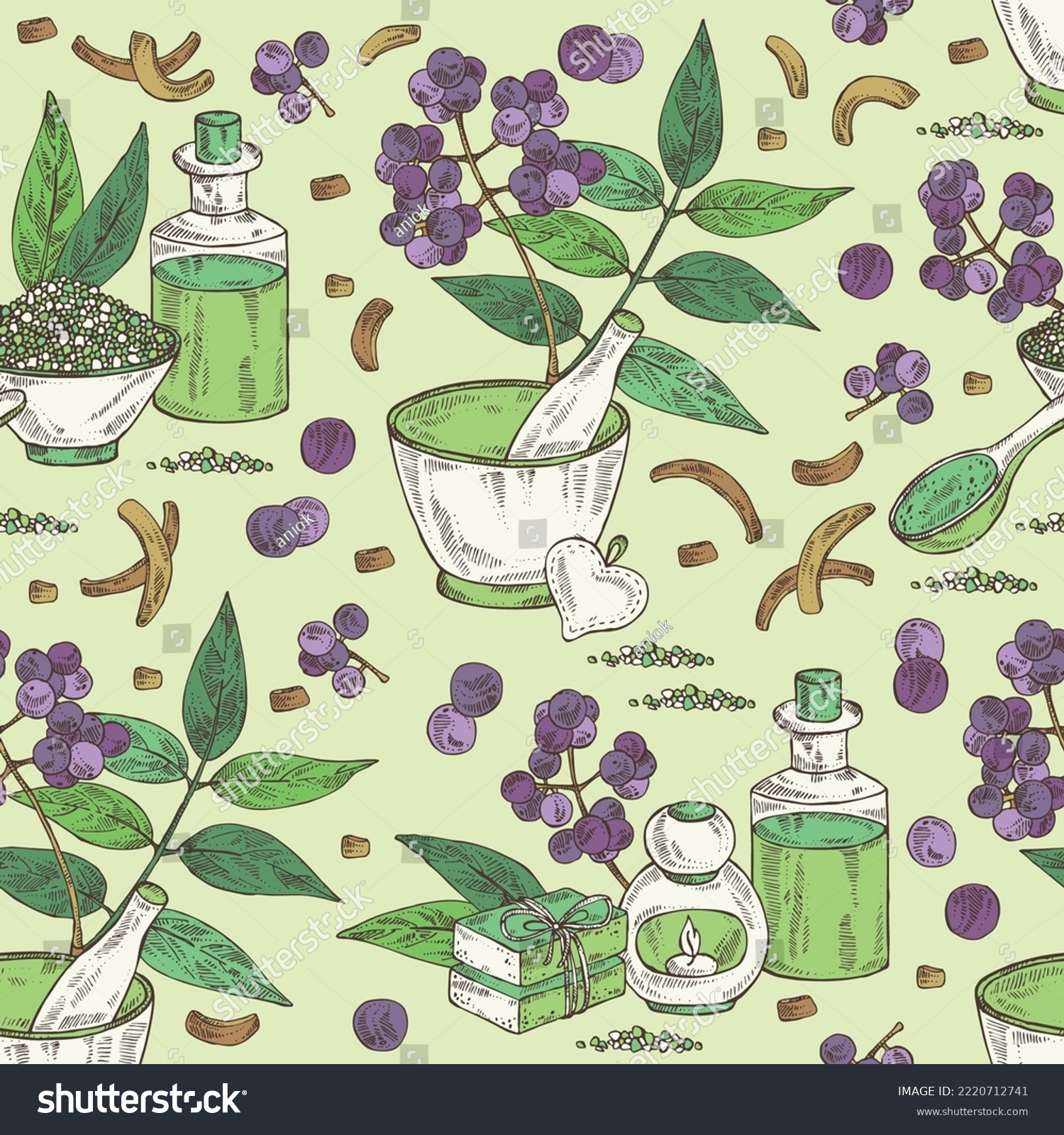 SVG of Seamless pattern with amur cork tree: amur cork berries, plant and amur cork tree bark. Phellodendron amurense. Oil, soap and bath salt . Cosmetics and medical plant. Vector hand drawn illustrat svg