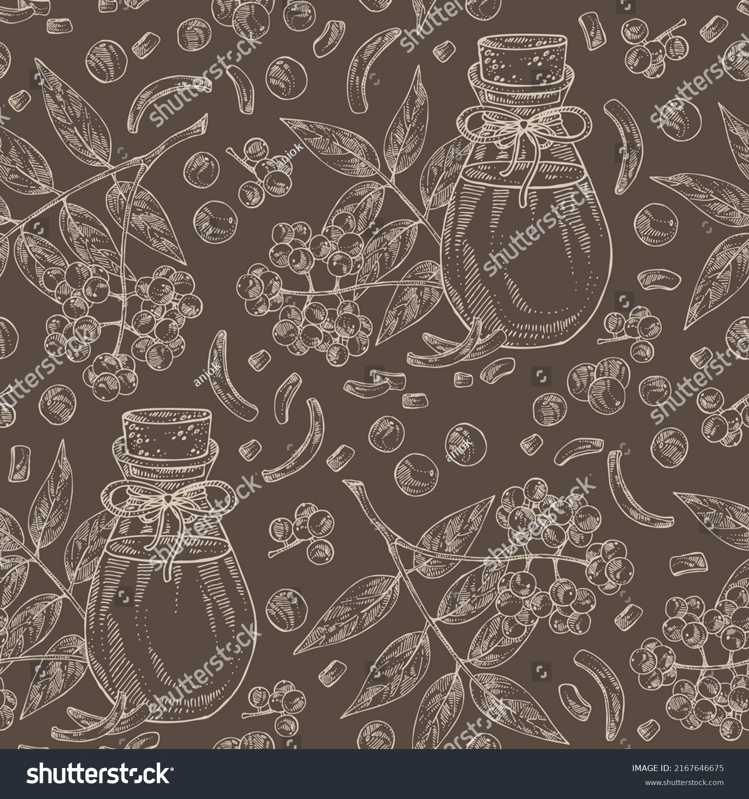 SVG of Seamless pattern with amur cork tree: berries, plant, amur cork tree bark and bottle of amur cork tree oil. Phellodendron amurense.  Cosmetic, perfumery and medical plant. svg