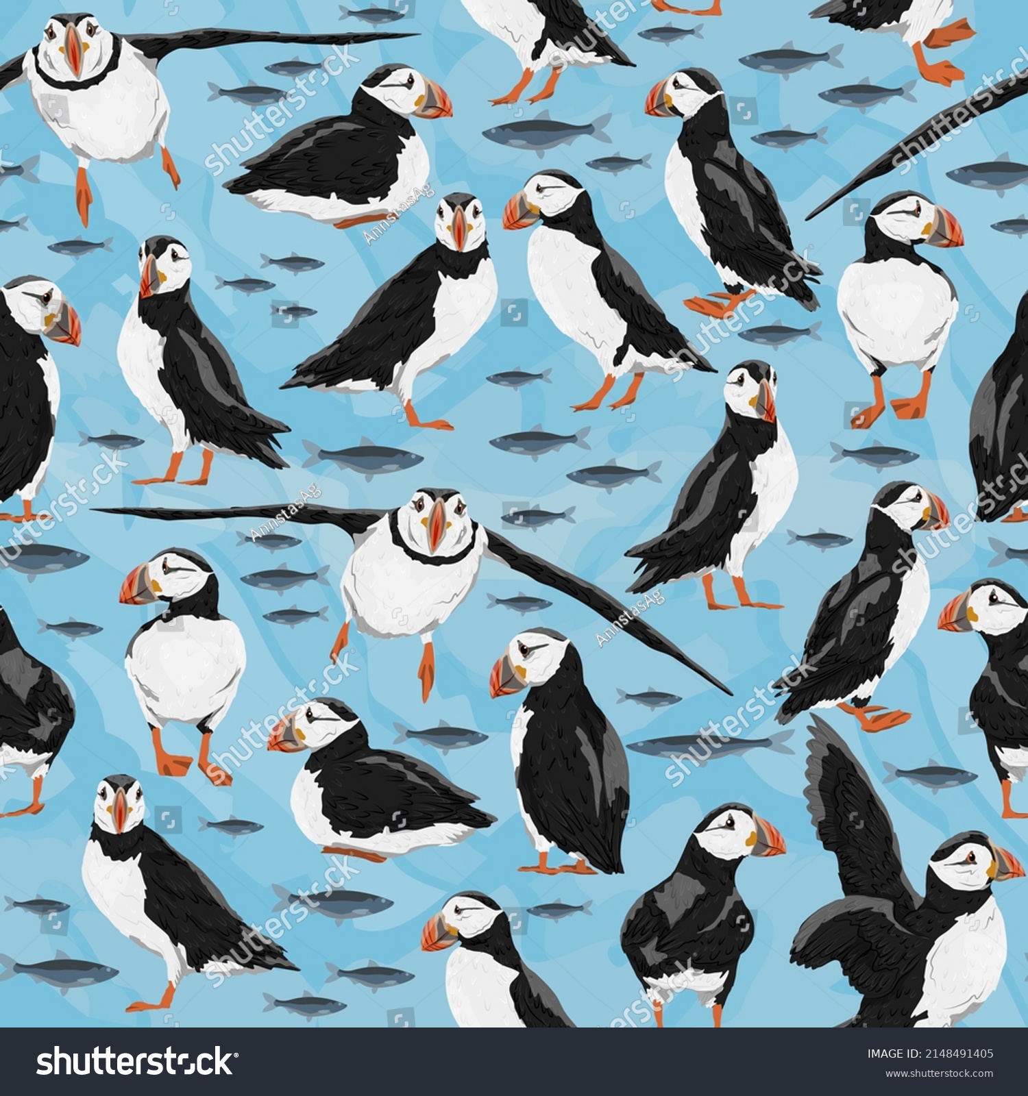 SVG of Seamless pattern with Atlantic puffin. Realistic Fratercula arctica or common puffin birds in different poses. vector birds svg