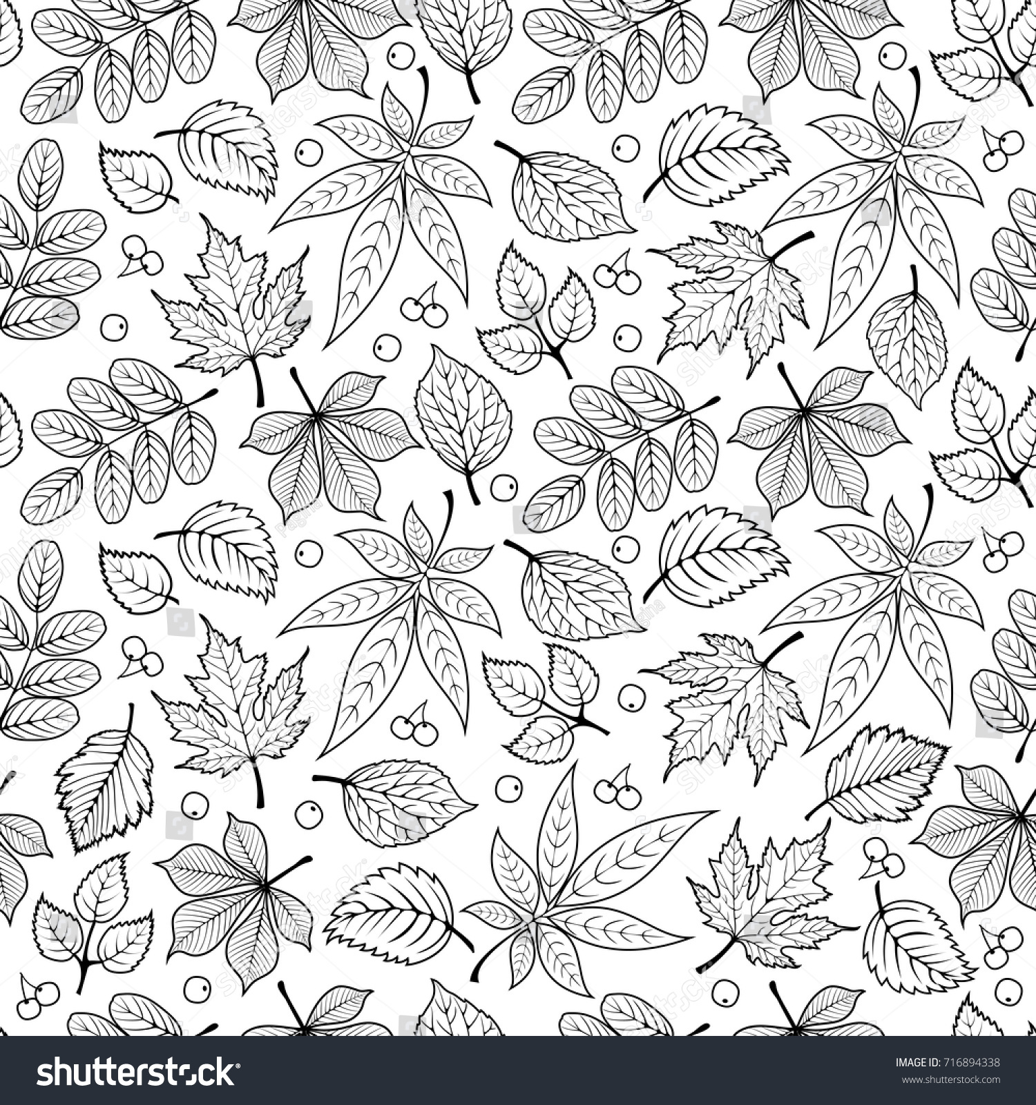 Seamless Pattern Autumn Leaves Line Art Stock Vector Royalty Free