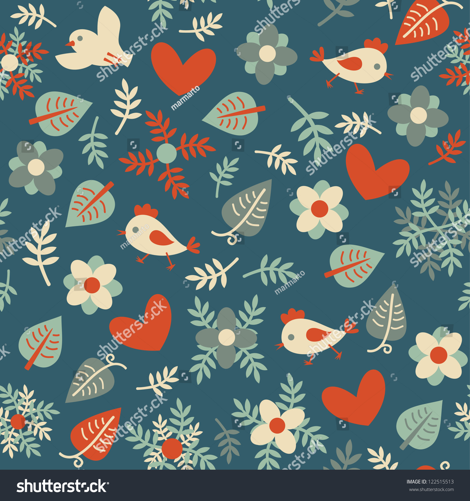 Seamless Pattern Birds Flowers Leaves Vector Stock Vector Royalty Free 122515513