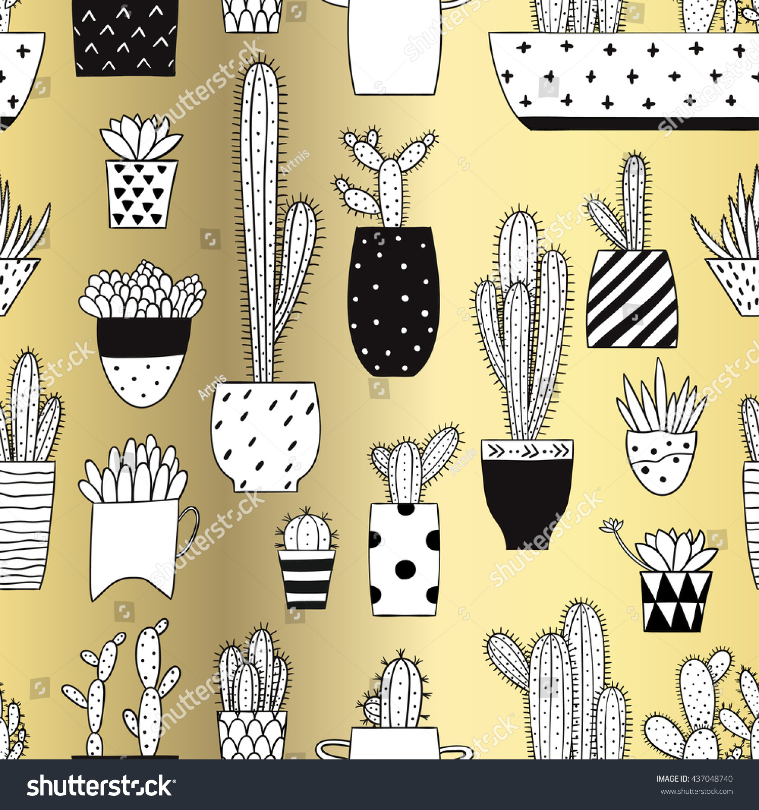 Seamless Pattern Black White Cactus Succulents Stock ...