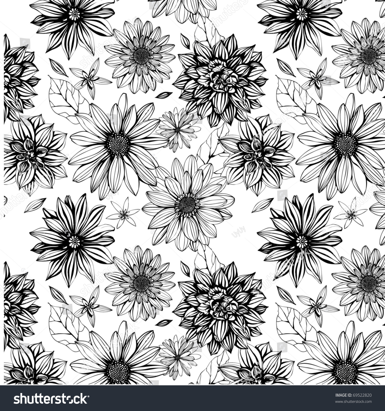 Seamless Pattern With Black And White Flowers Stock Vector Illustration ...