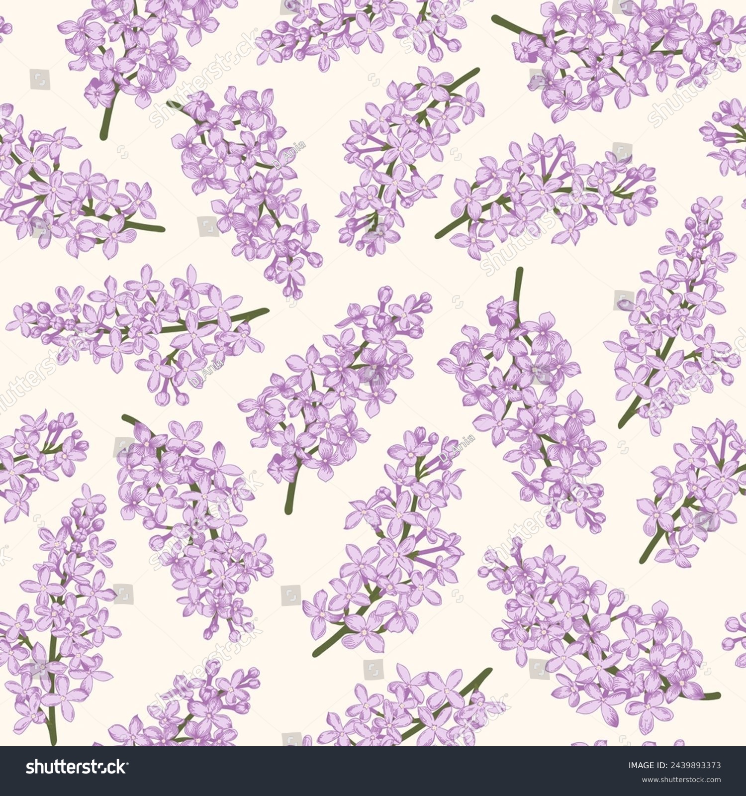 SVG of Seamless pattern with blooming lilacs. Flowering background. Vector. Hand-drawn realistic illustration. Purple colors. svg