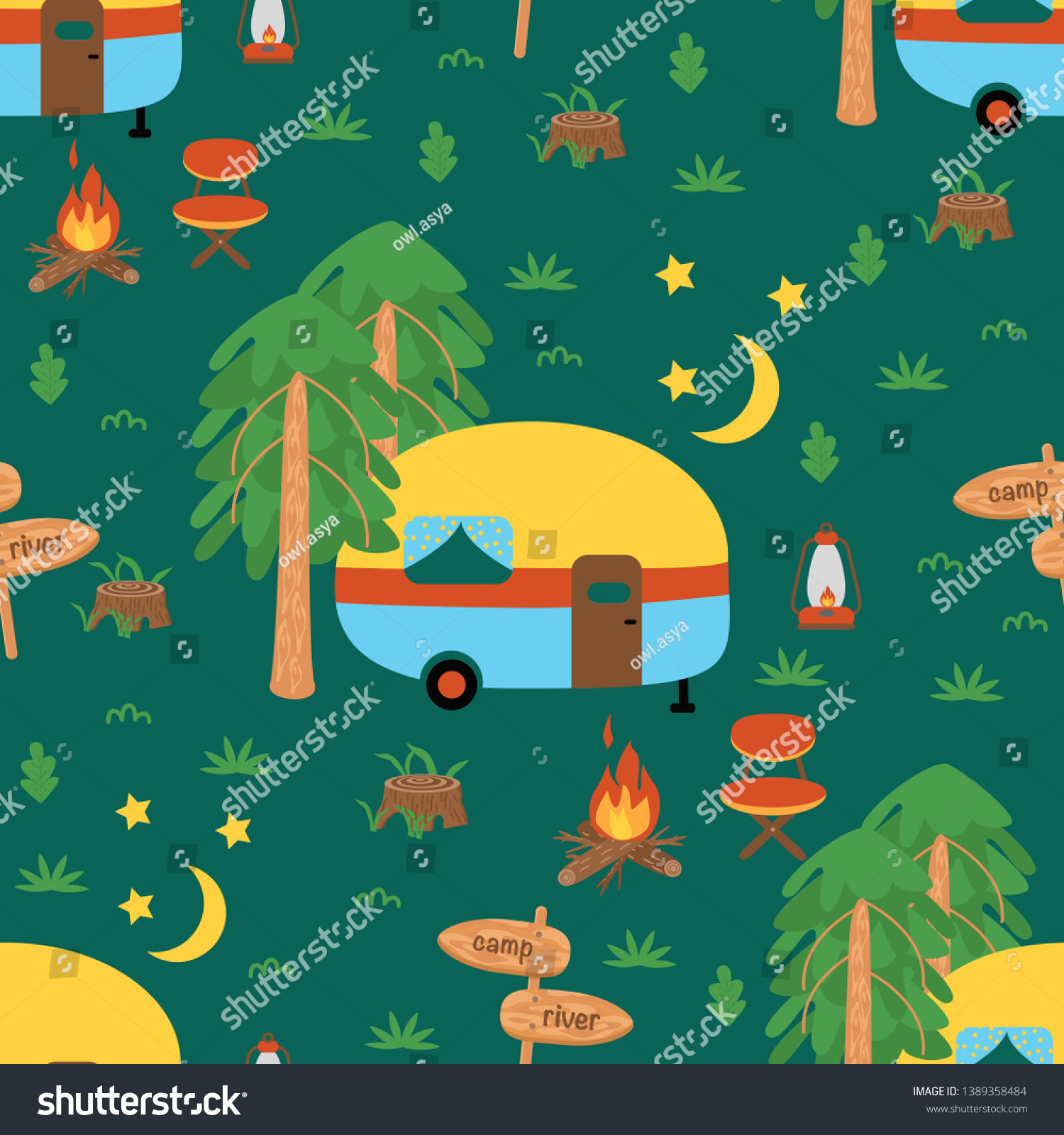 Seamless Pattern Camping Trailer Night Vector Stock Vector (Royalty ...