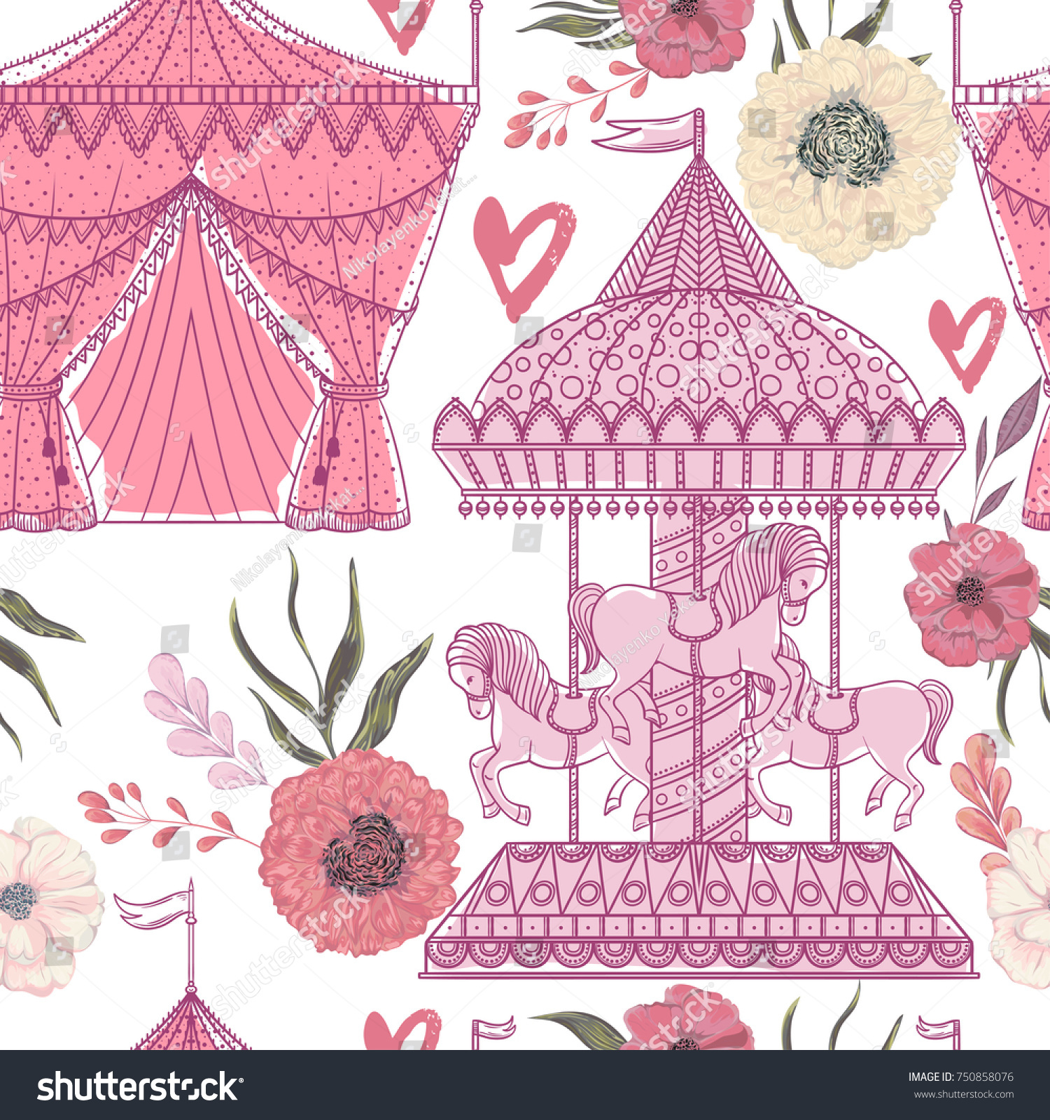 Seamless Pattern Carousel Tent Hearts Floral Stock Vector (Royalty Free ...