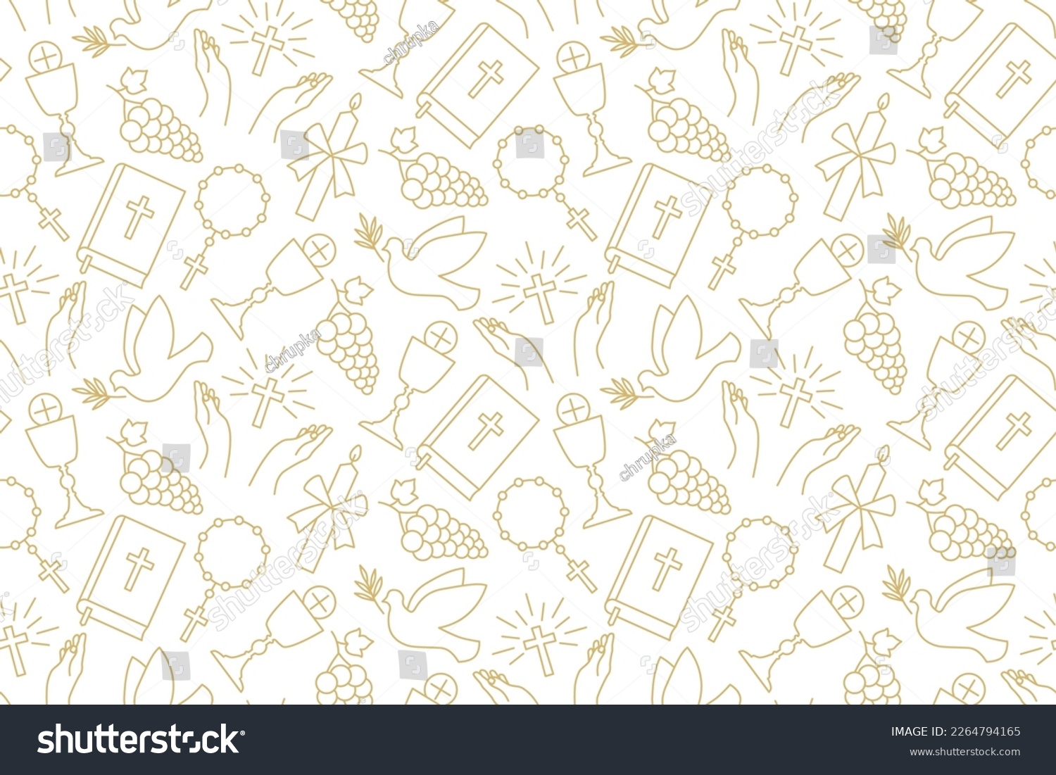 SVG of seamless pattern with christian religion icons: holy communion, chalice, grapes, praying hands, candle, dove with olive twig, rosary and bible - vector illustration svg