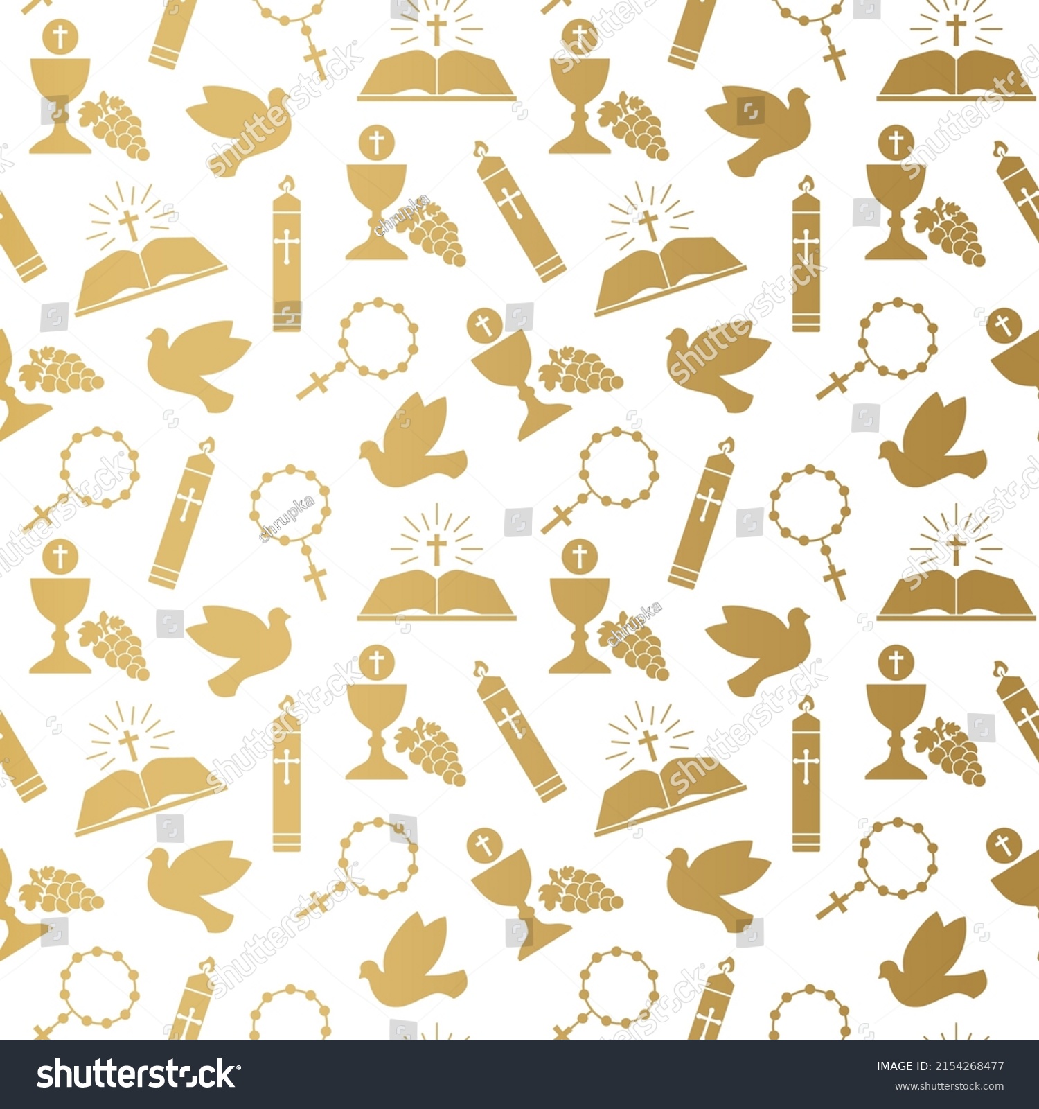 SVG of seamless pattern with christian religion icons, holy communion: rosary, bible, dove, chalice, candle; for wrapping, greeting cards- vector illustration svg