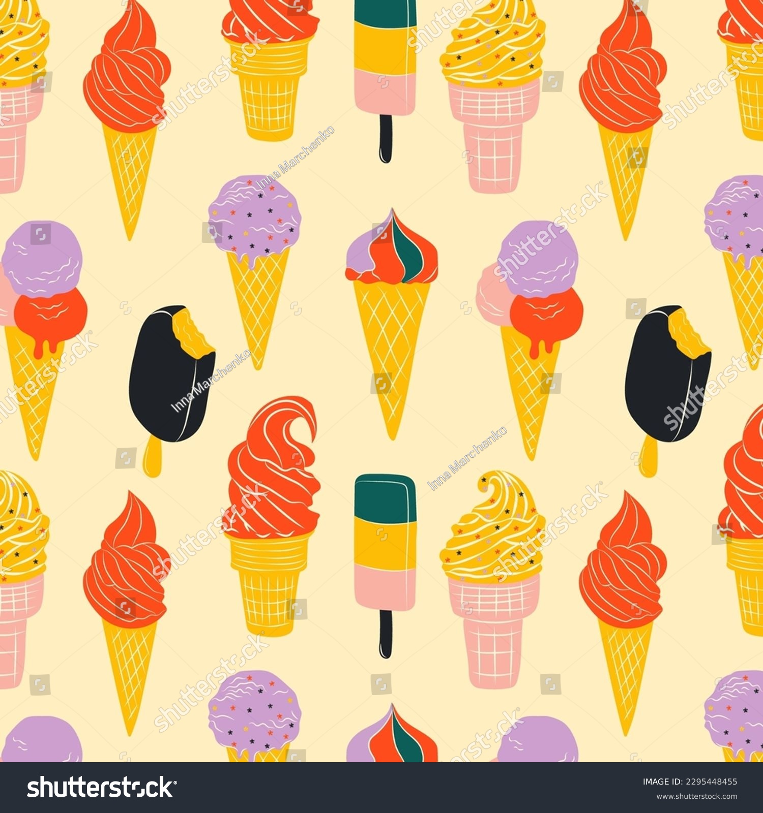 SVG of Seamless pattern with collection Ice cream in bright cartoon style. Ice Cream flat vector in nice colors	 svg