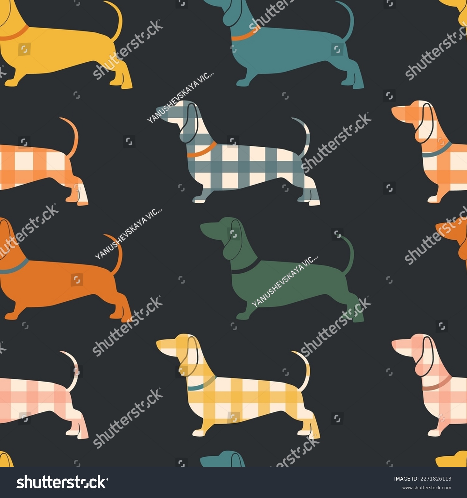 SVG of Seamless pattern with colorful dachshunds. Vector illustration. svg