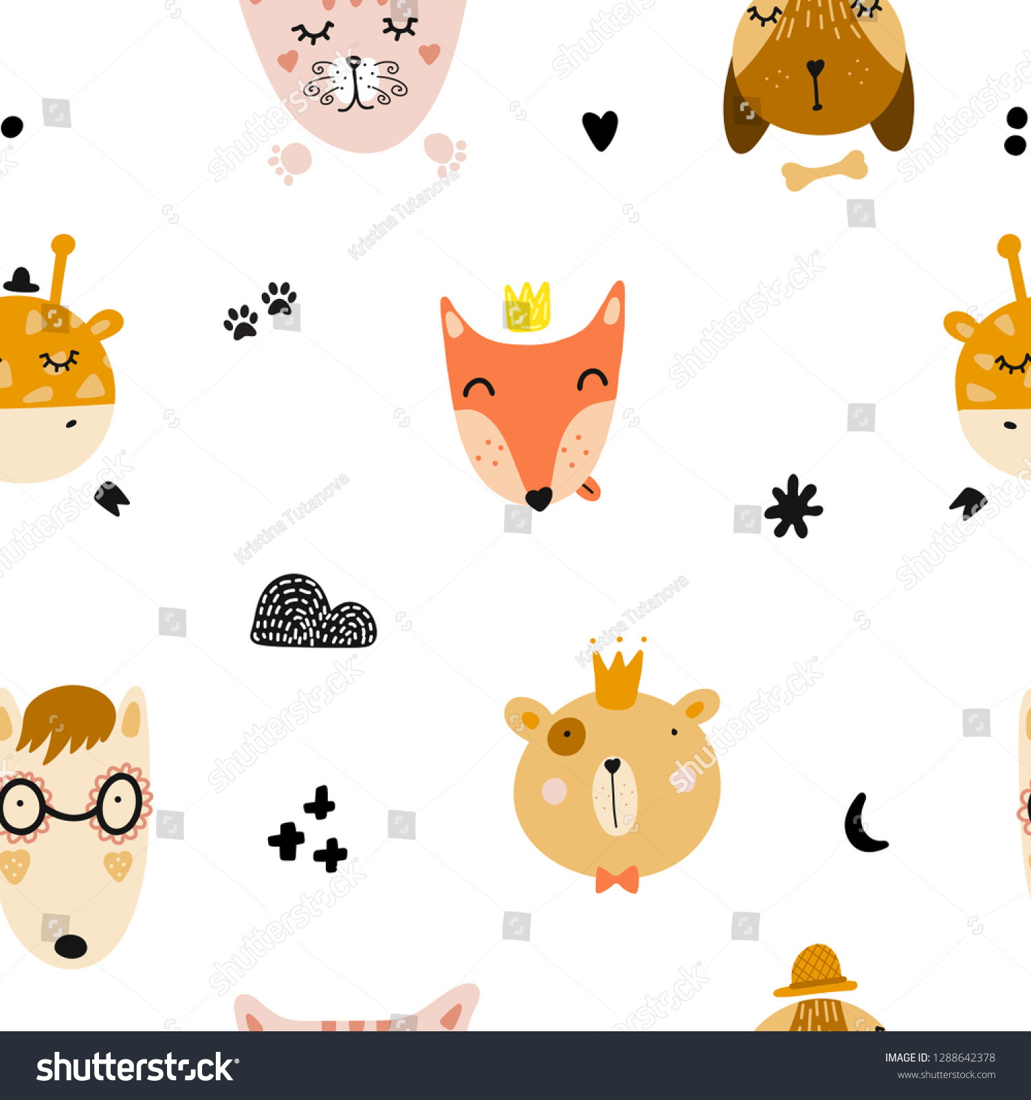 Seamless Pattern Cute Animal Faces Fox Stock Vector Royalty Free