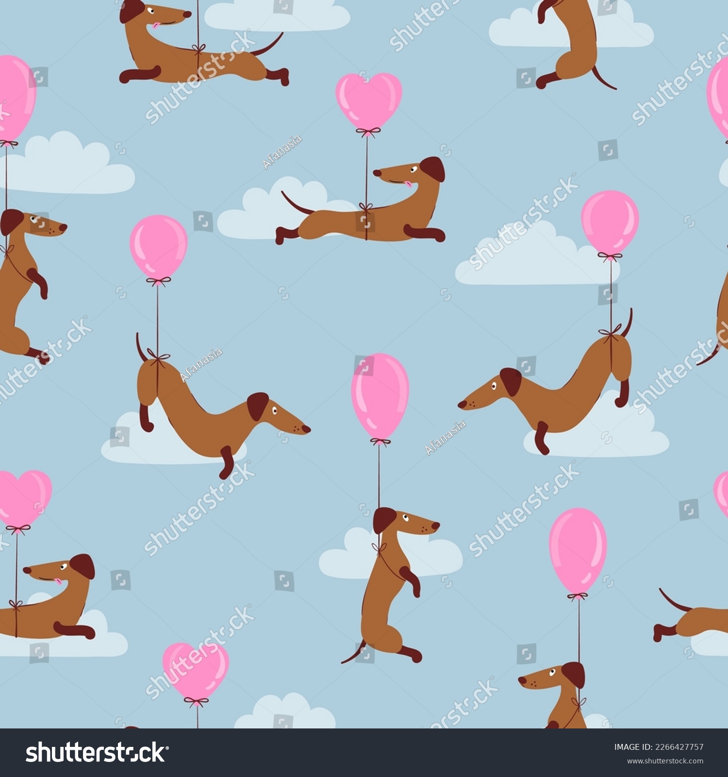 SVG of Seamless pattern with cute dachshunds and balloons. Vector cartoon dog illustration svg