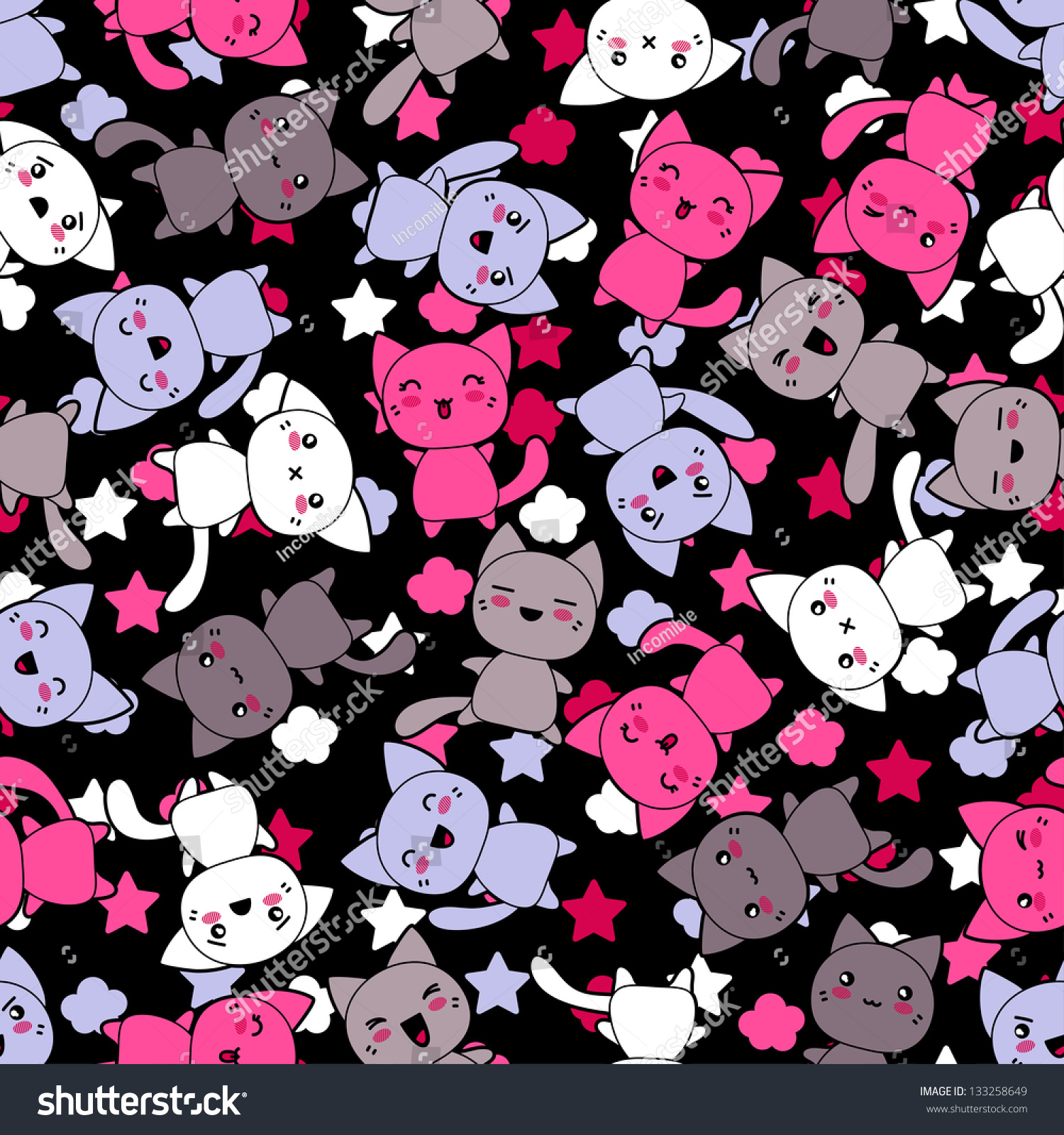 Seamless Pattern With Cute Kawaii Doodle Cats. Stock Vector ...