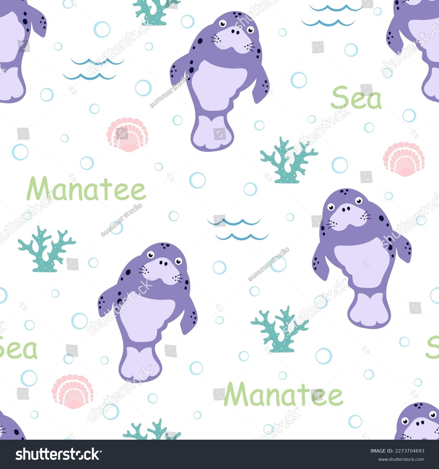 SVG of seamless pattern with cute manatee, cartoon vector illustration with funny dugong for nursery design, wrapping paper, clothing, fabric, flat style svg