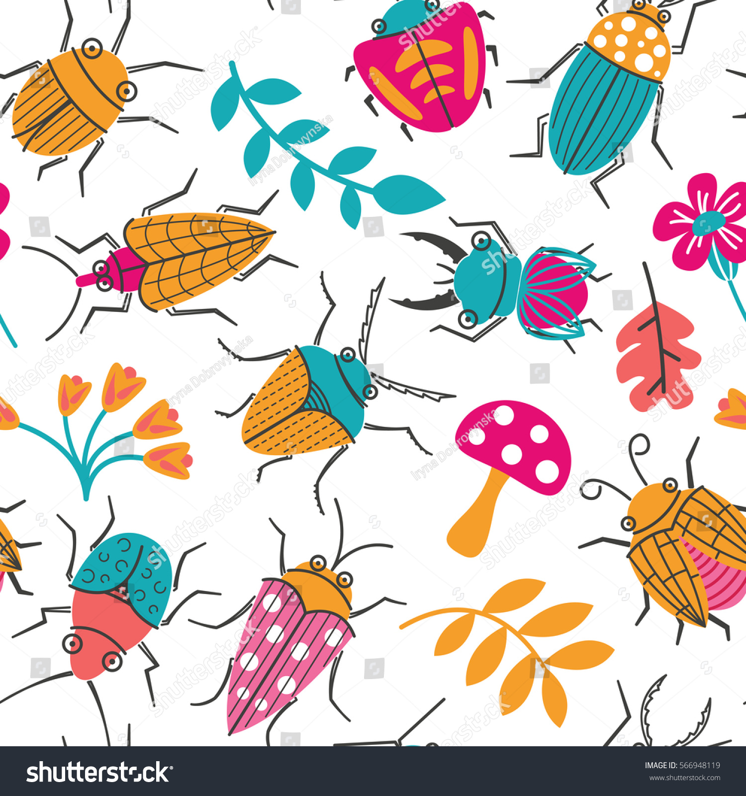 stock vector seamless pattern with cute small beetles and plants summer bugs doodle style background vector 566948119