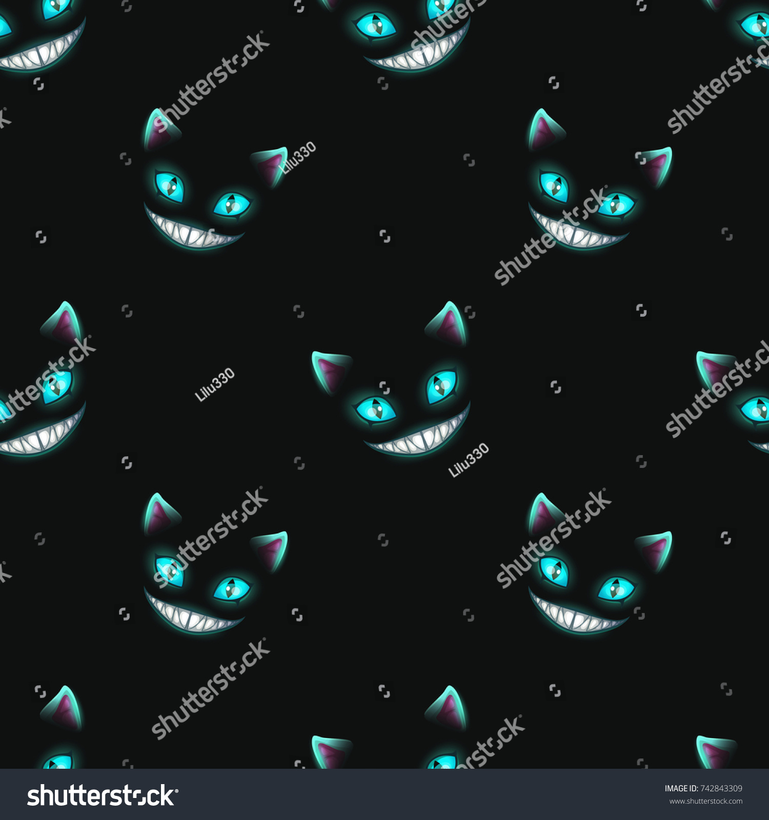 SVG of Seamless pattern with disappearing cat faces on black background. Cheshire Cat texture. Vector illustration. svg