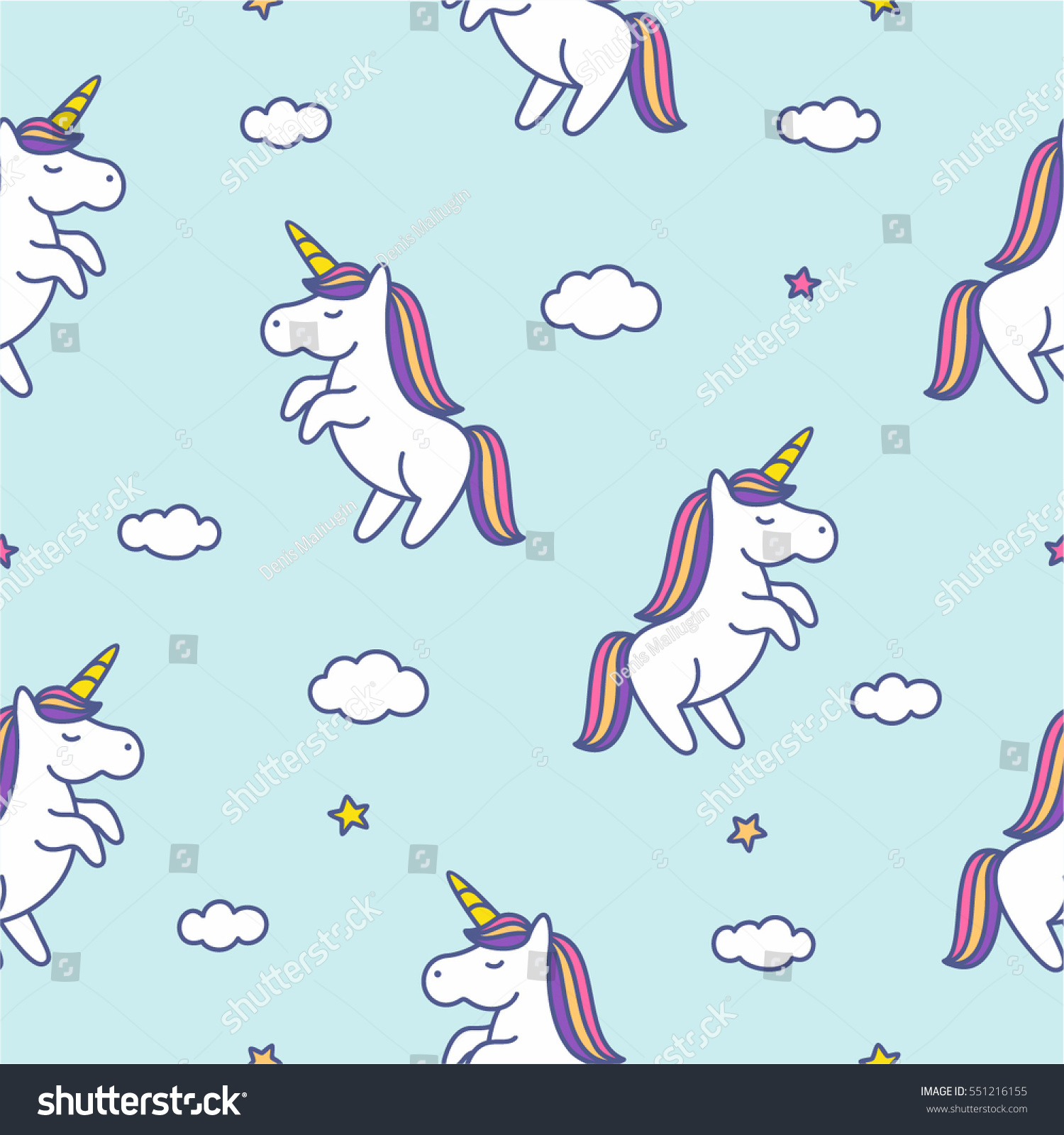 Seamless Pattern Doodle Style Unicorns Clouds Stock Vector (Royalty ...